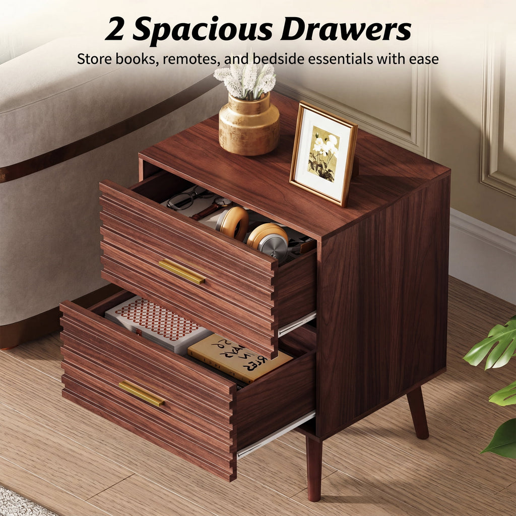 GALAXHERO Mid Century Wood Nightstand Set of 2, Fluted 2 Drawers Bedside Table for Bedroom, End Table for Living Room