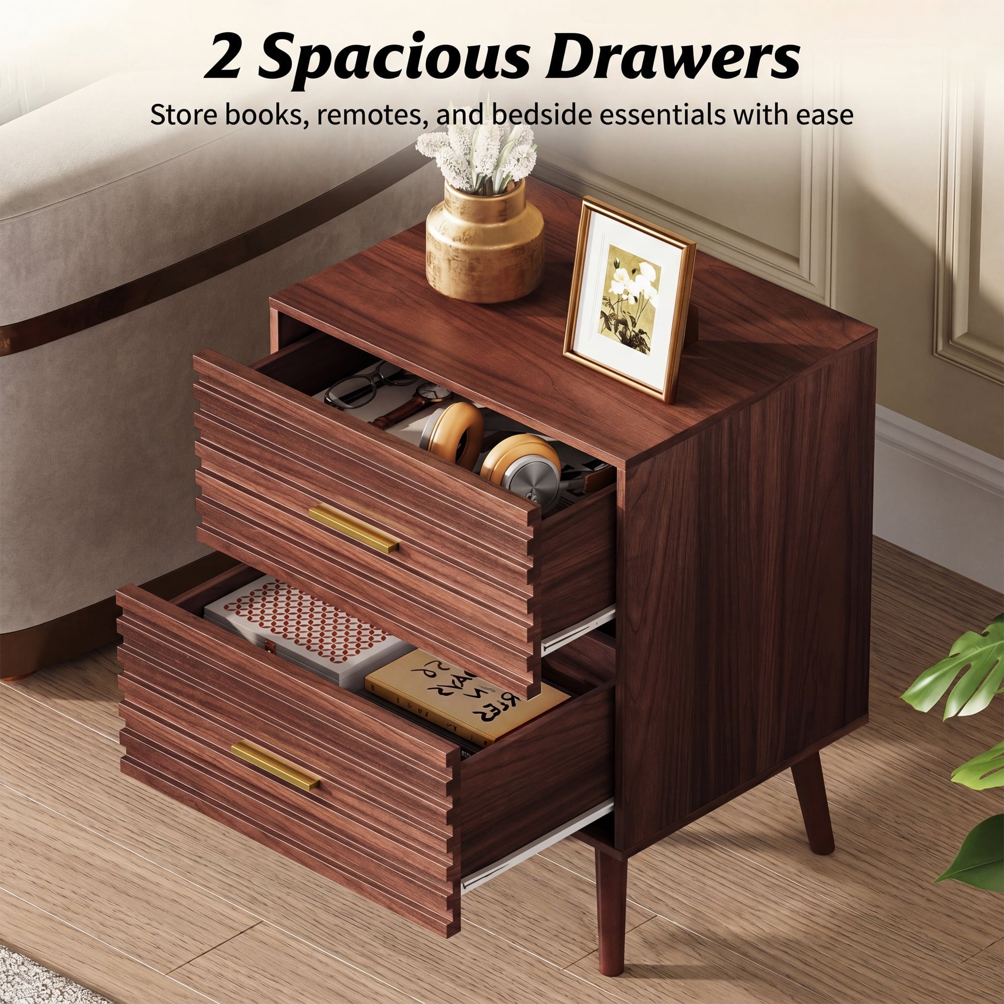 GALAXHERO Mid Century Wood Nightstand Set of 2, Fluted 2 Drawers Bedside Table for Bedroom, End Table for Living Room