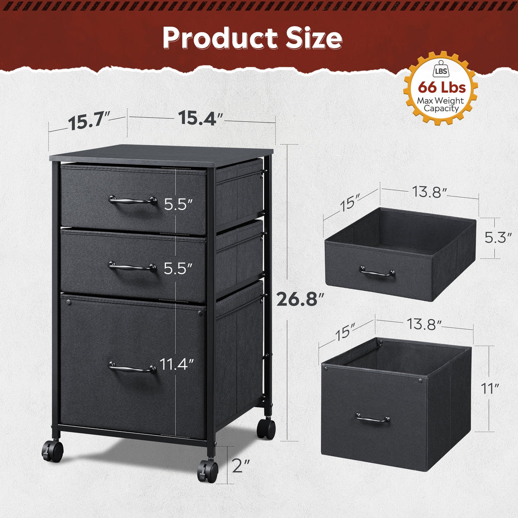 GALAXHERO File Cabinet 3-Drawer Fabric Vertical Filing Cabinet and Rolling Printer Stand for Home Office, Fits A4 or Letter Size, Black