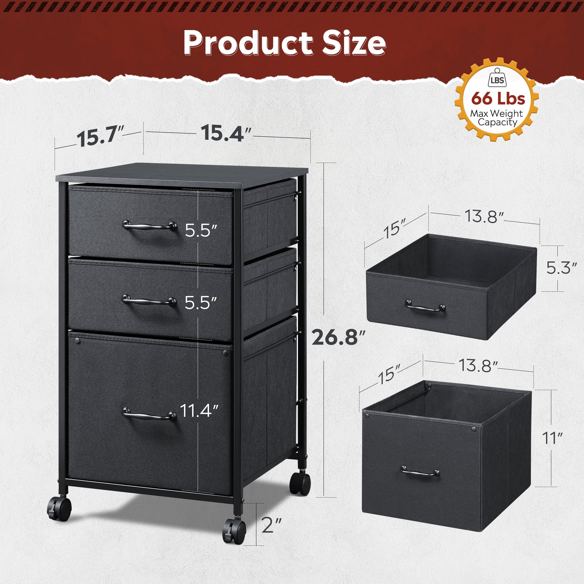 GALAXHERO File Cabinet 3-Drawer Fabric Vertical Filing Cabinet and Rolling Printer Stand for Home Office, Fits A4 or Letter Size, Black