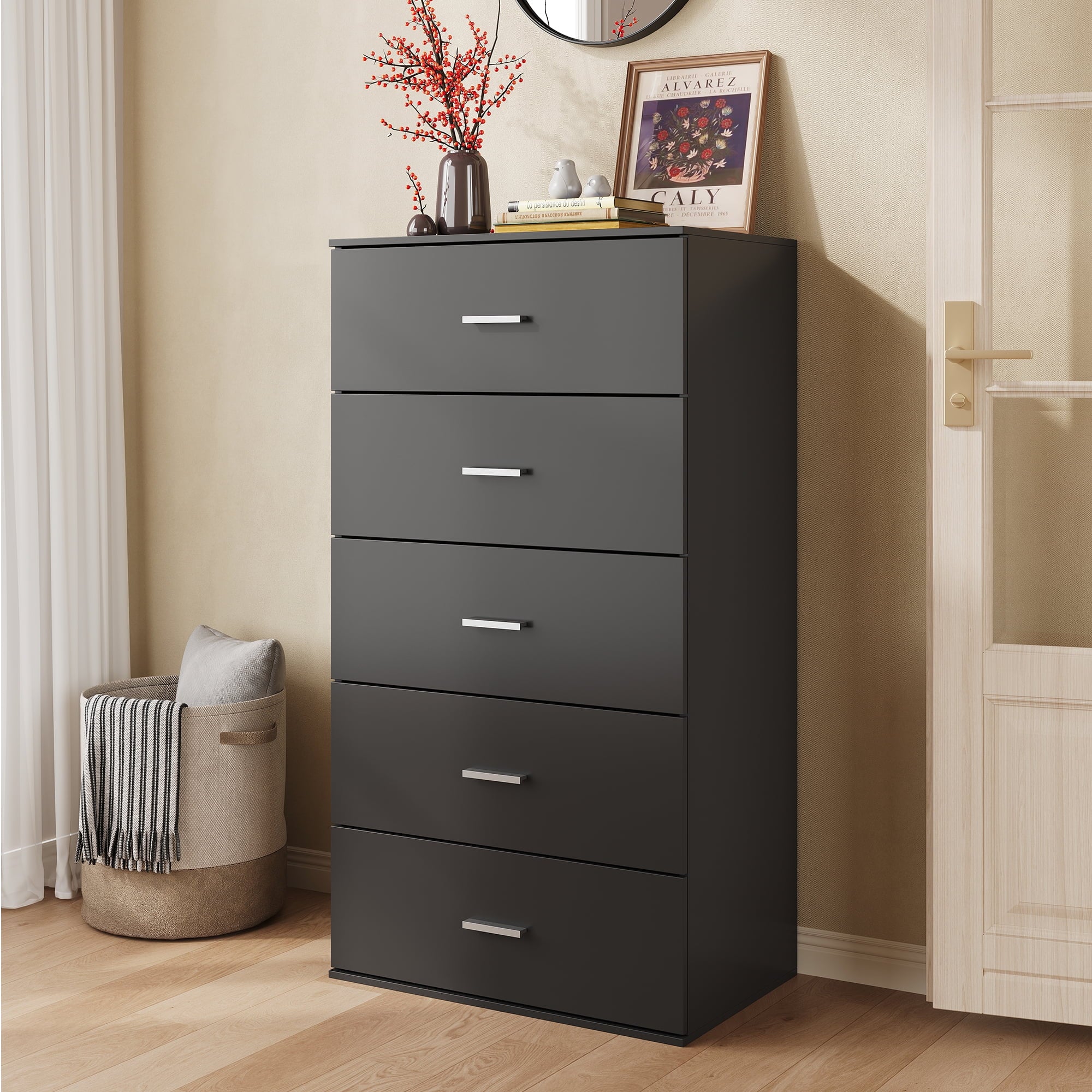 GALAXHERO 5 Drawers Dresser, Chest of Drawers for Bedroom, Tall Wood Storage Cabinet with Metal Handle for Living Room, Closet, Hallway