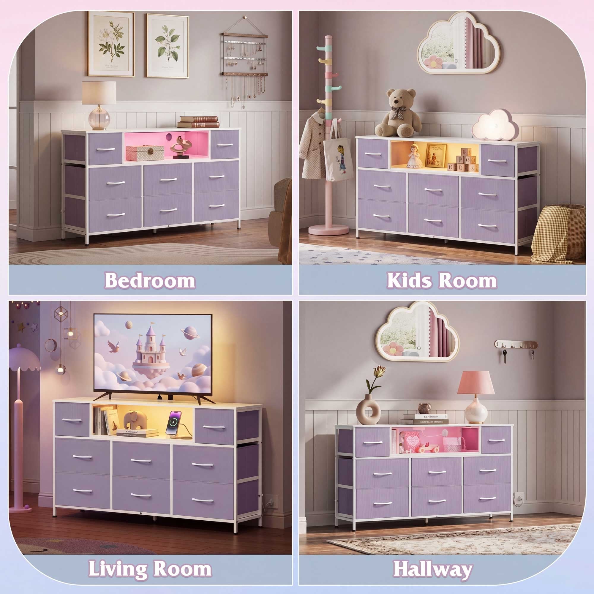GALAXHERO 8-Drawer Dressers for Bedroom, Dresser TV Stand for 55'' TV with LED Lights and Power Outlets, Fabric Chest of Drawers for Living Room, Entryway