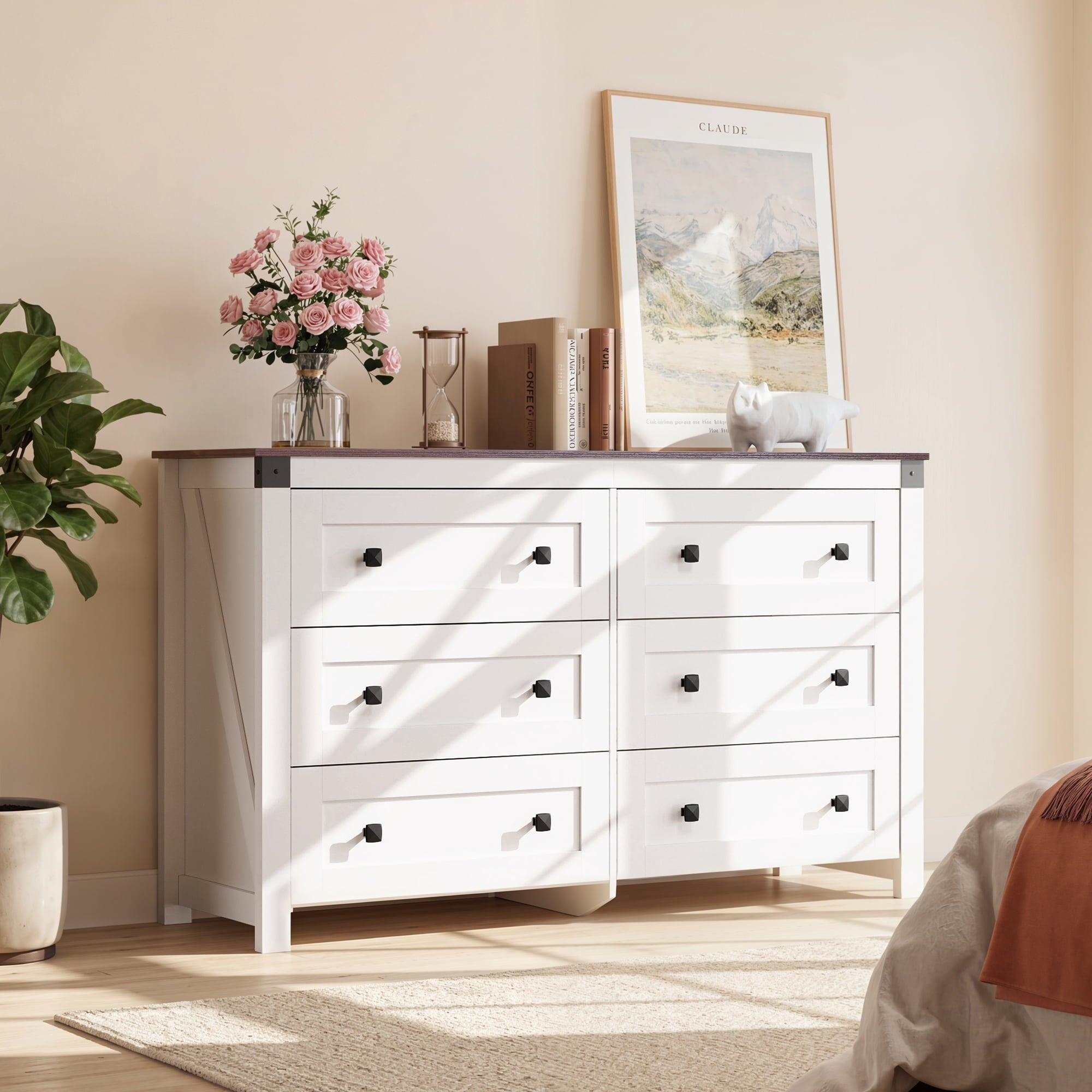 GALAXHERO Farmhouse 6 Drawer Dresser, Wood Dresser with Double Rustic Handles, TV Stand for 60" TV for Living Room, 53.07'' Wide Chest of Drawers for Bedroom, Hallway