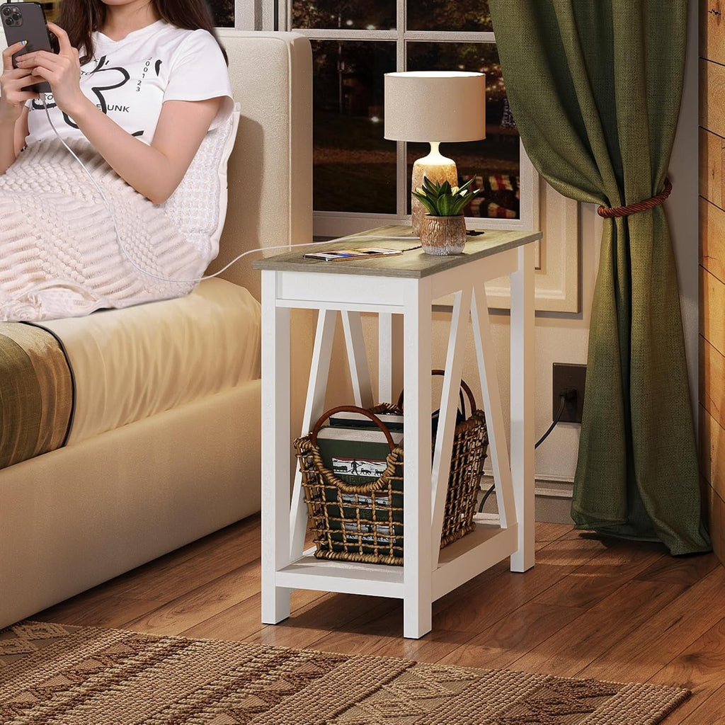 GALAXHERO Farmhouse End Table with Charging Station, Slim Narrow Side Table for Small Spaces, 2 USB Ports & 2 Power Outlets, Ideal for Bedroom, Living Room, 11.8" D x 23.6" W x 23.74" H