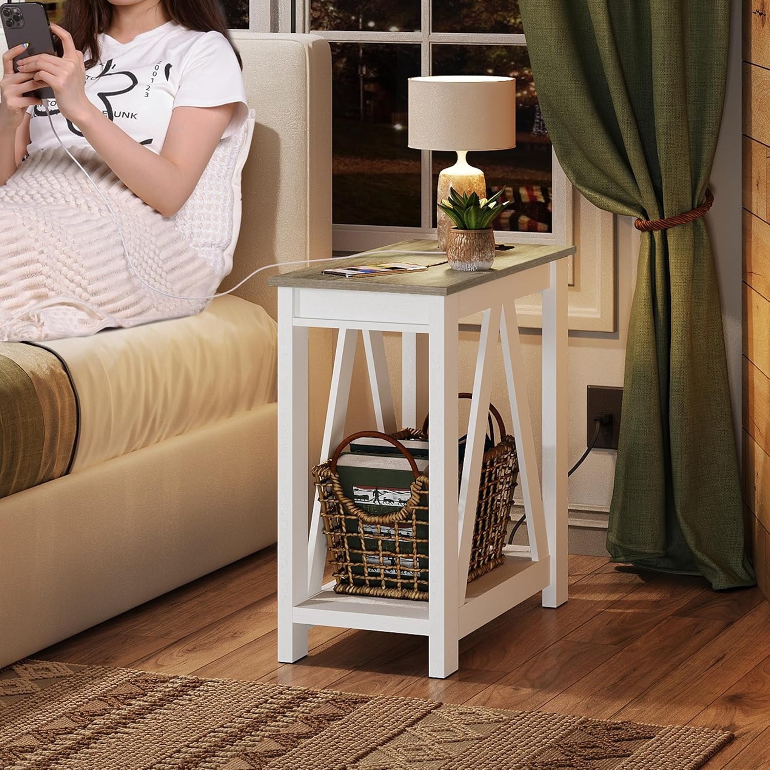 GALAXHERO Farmhouse End Table with Charging Station, Slim Narrow Side Table for Small Spaces, 2 USB Ports & 2 Power Outlets, Ideal for Bedroom, Living Room, 11.8" D x 23.6" W x 23.74" H
