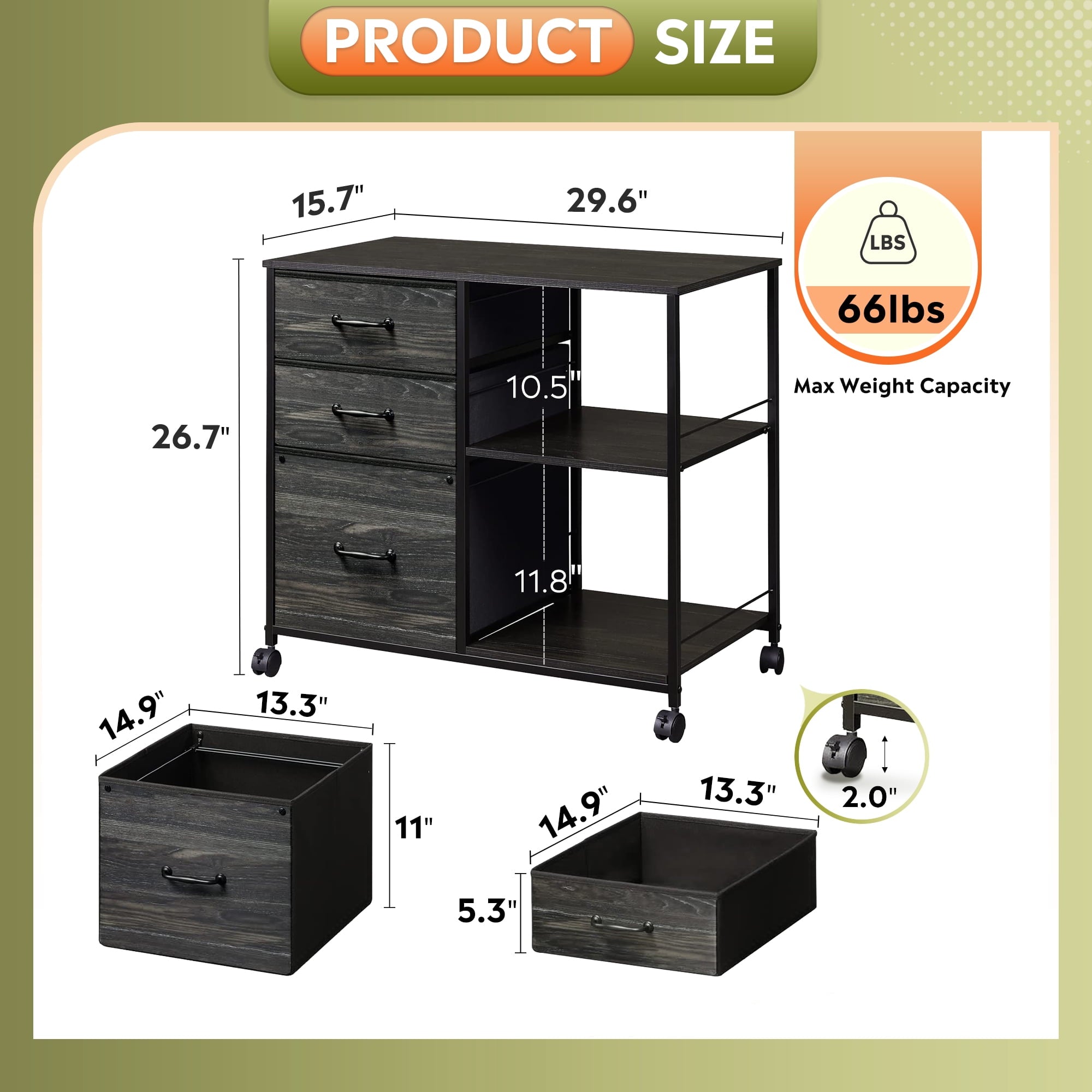 GALAXHERO 3-Drawer Mobile File Cabinet with Storage Shelf, Rolling Fabric Filing Cabinet and Printer Stand