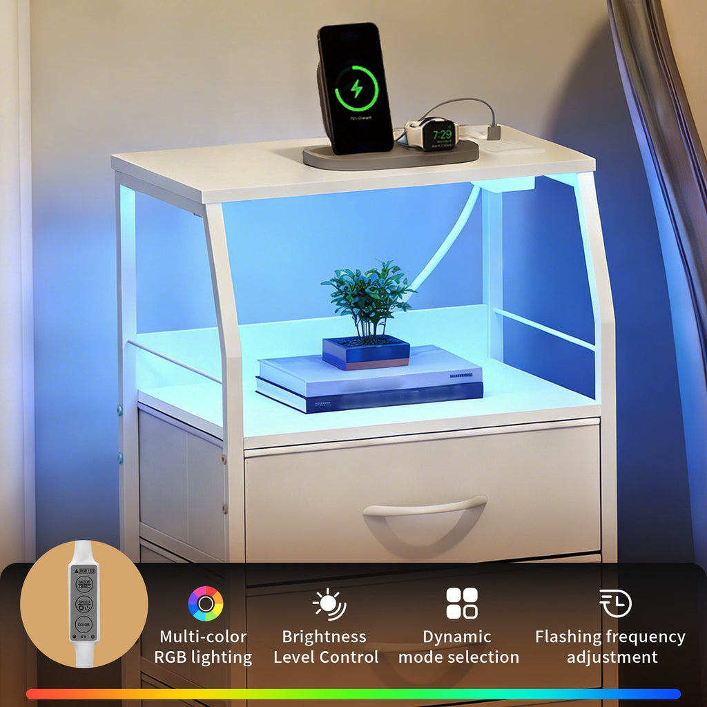 GALAXHERO 4 Drawer Dresser for Bedroom, Nightstand with Charging Station and LED, Tall Bedside Table with Storage Shelfs