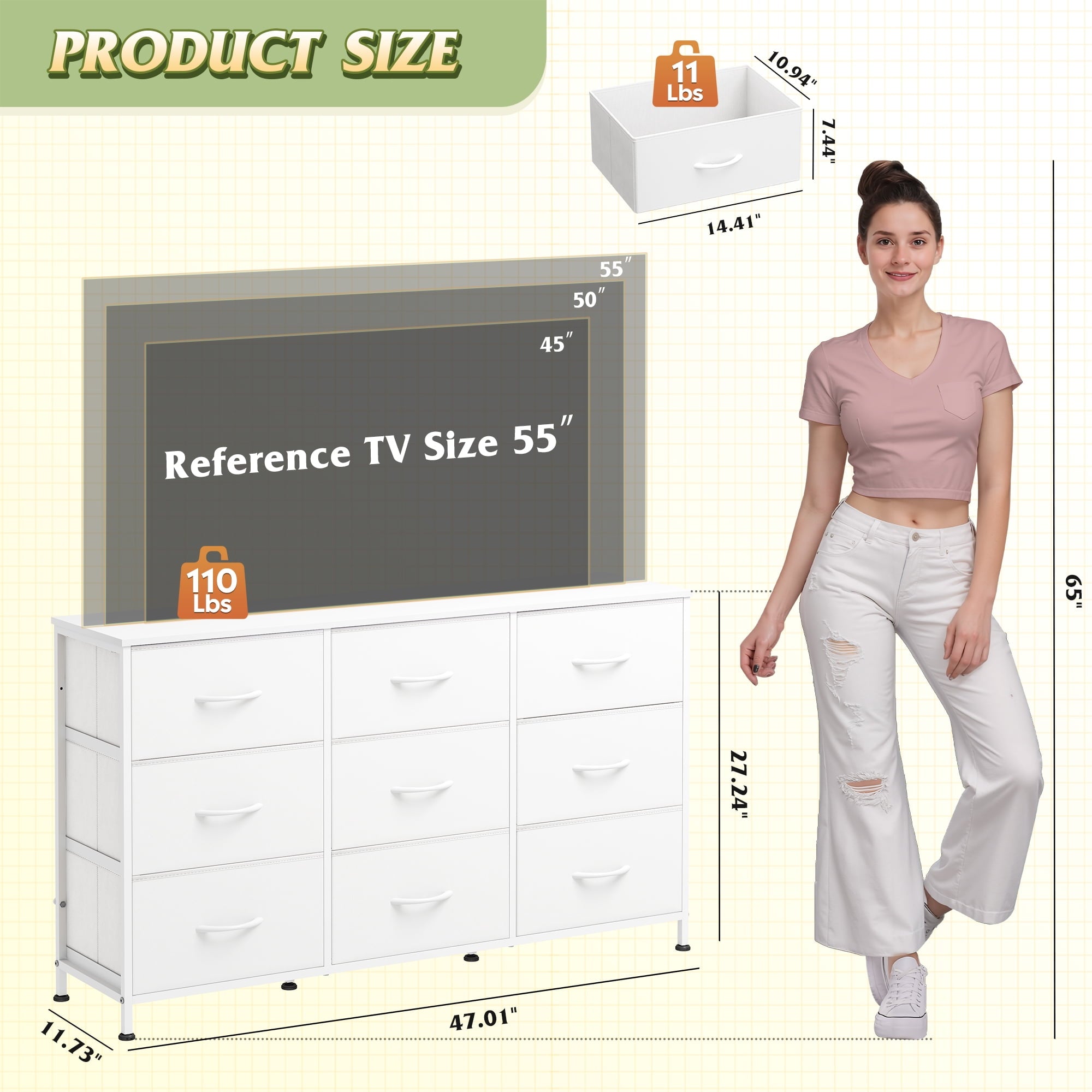 GALAXHERO Fabric Dresser for Bedroom, 9 Drawers Dresser with Wood Top, TV Stand for 55'' TV,  Chest of Drawers for Closet, Living Room,  47''W
