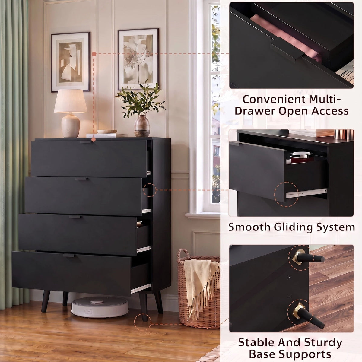 GALAXHERO 4 Drawer Dresser, Modern Chest of Drawers for Bedroom, Tall Wood Storage Organizer for Living Room, Closet, Hallway, Dorm Room