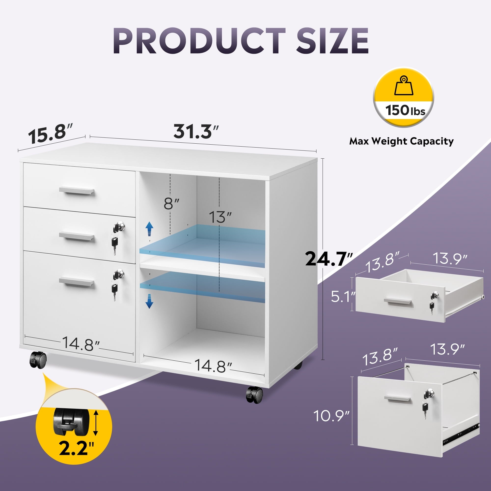 GALAXHERO 3-Drawer Locking Wood File Cabinet, Mobile Lateral Filing Cabinet, Printer Stand with Open Storage Shelves for Home Office