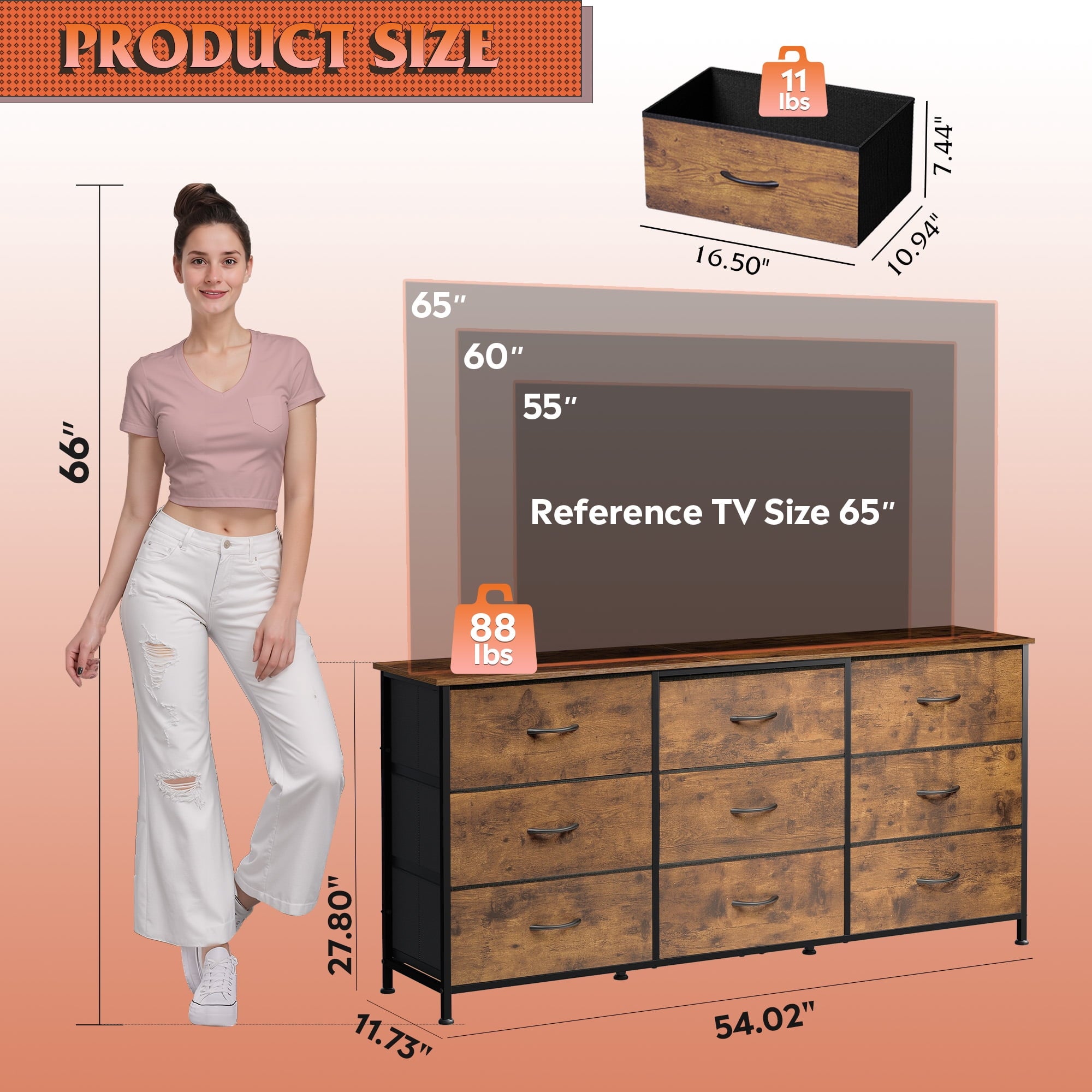 GALAXHERO 9 Drawers Dresser for Bedroom, 54''W  Fabric Dresser with Wood Top, TV Stand for 65'' TV, Wide Chest of Drawers for Closet, Living Room