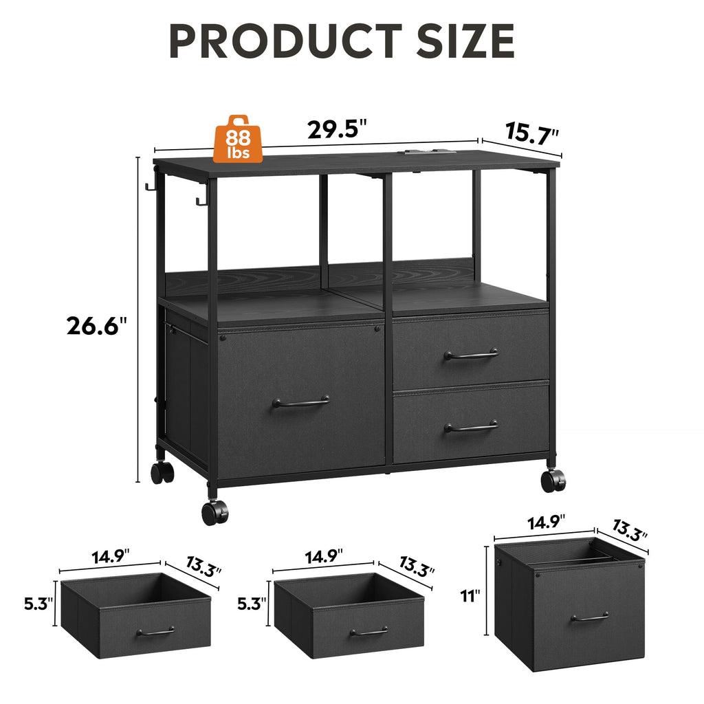 GALAXHERO 3 Drawer File Cabinet with Charging Station, Mobile Printer Stand with Storage Shelves, Filing Cabinet Furniture for Home Office, Fits Letter/A4