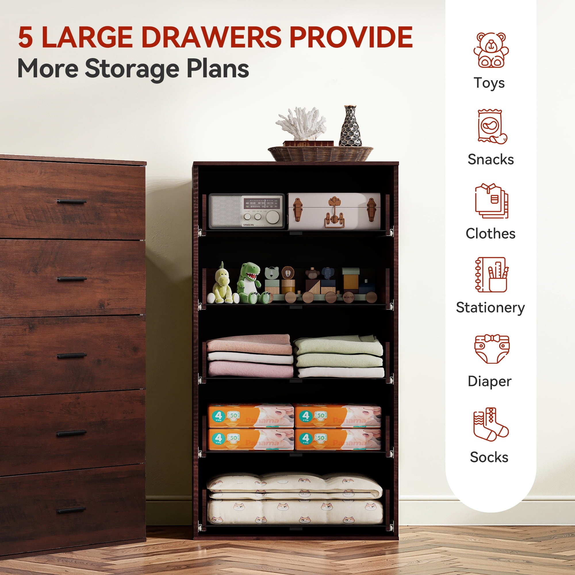 GALAXHERO 5 Drawers Dresser, Chest of Drawers for Bedroom, Tall Wood Storage Cabinet with Metal Handle for Living Room, Closet, Hallway