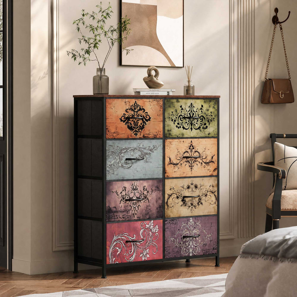 GALAXHERO 8 Drawer Fabric Dresser for Bedroom, Storage Bins Chest of Drawer for Closet, Living Room, Hallway, Wood Grain Print
