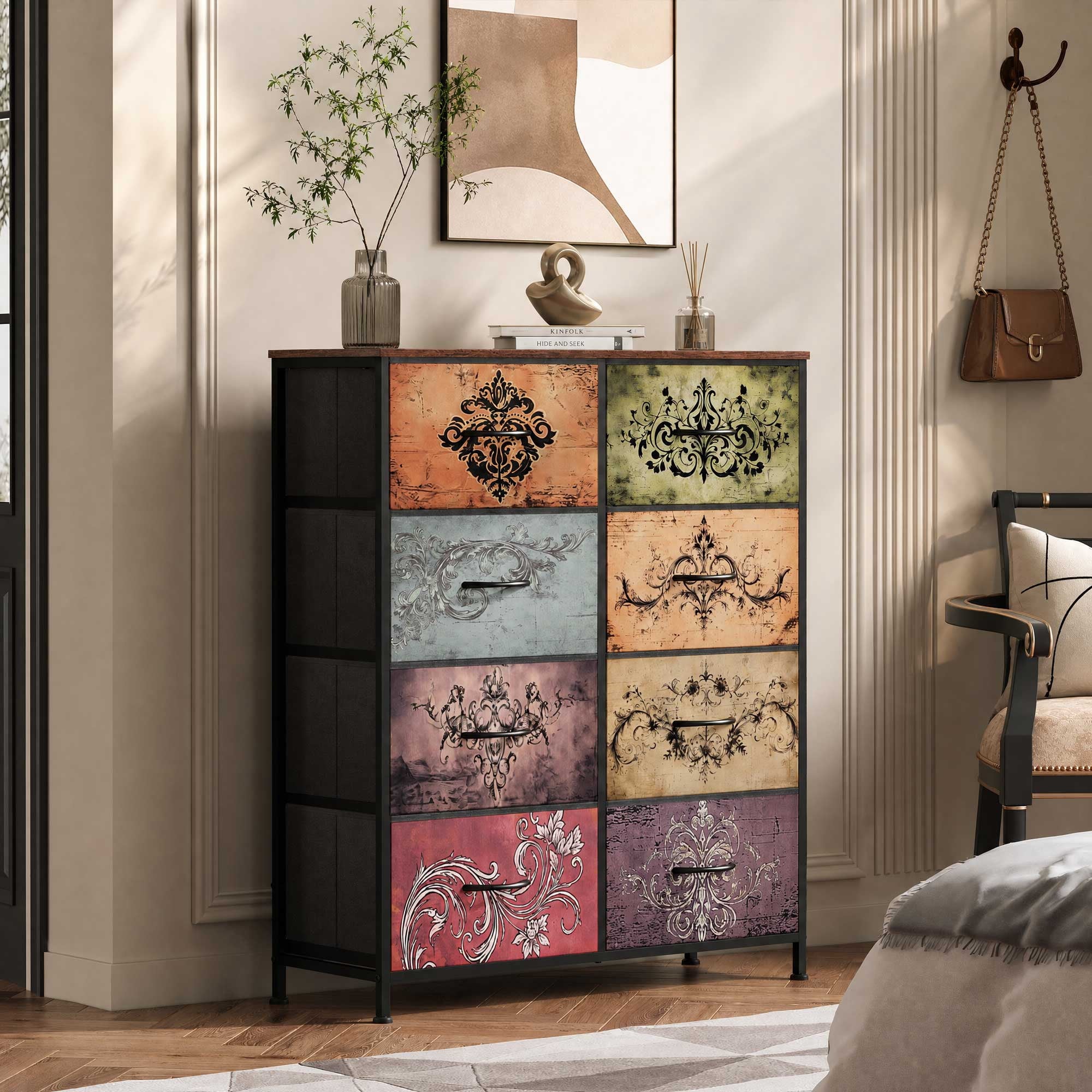 GALAXHERO 8 Drawer Fabric Dresser for Bedroom, Storage Bins Chest of Drawer for Closet, Living Room, Hallway, Wood Grain Print