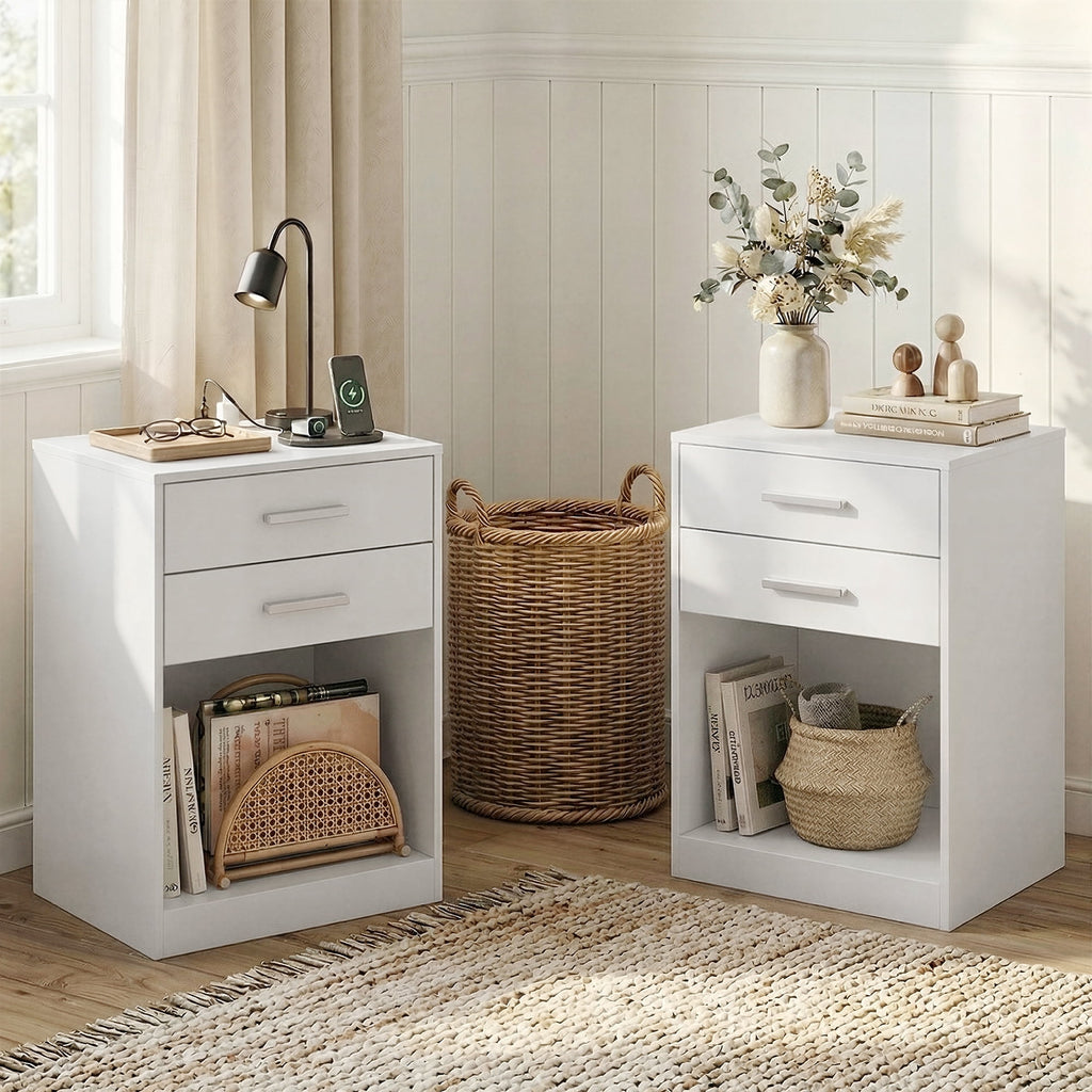 GALAXHERO Nightstand Set of 2 with Charging Station and 2 Drawers, Wood Bedside Table End Table with Open Shelf for Bedroom, Living Room