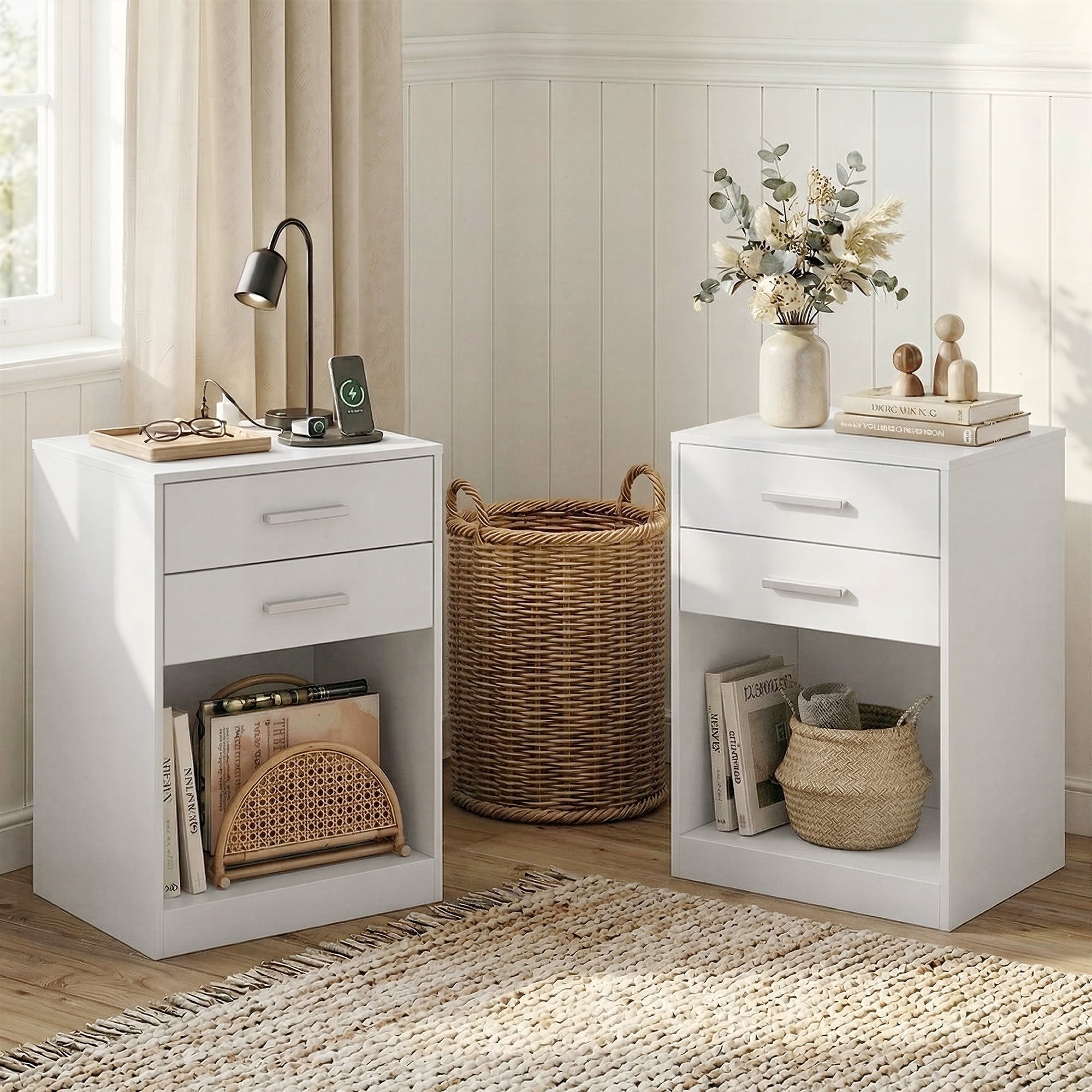 GALAXHERO Nightstand Set of 2 with Charging Station and 2 Drawers, Wood Bedside Table End Table with Open Shelf for Bedroom, Living Room