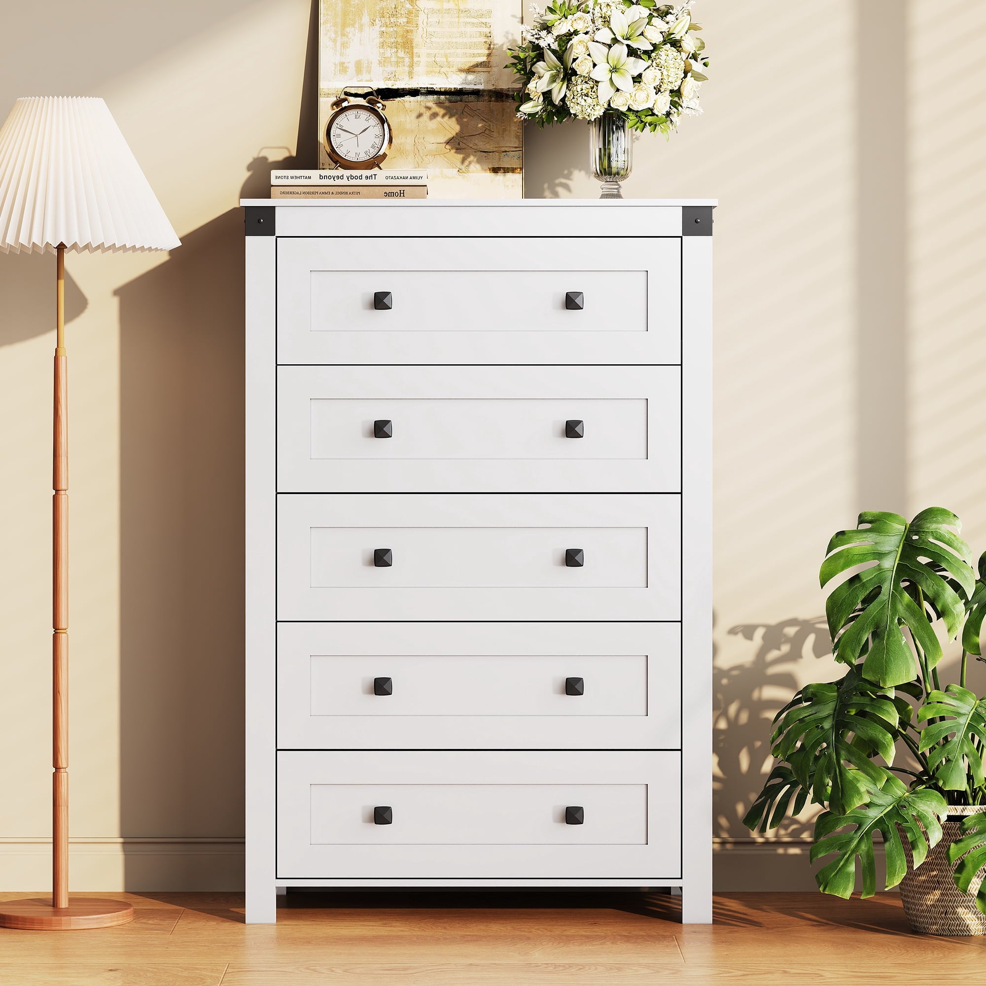 GALAXHERO Farmhouse 5 Drawer Dresser, Tall Dresser with Double Rustic Handles, Wood Chest of Drawers for Bedroom, Living Room, Hallway