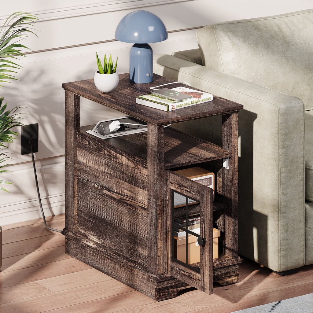 GALAXHERO Farmhouse End Table with Storage Narrow Side Table for Living Room  Small Table with USB Ports and Outlets for Bedroom