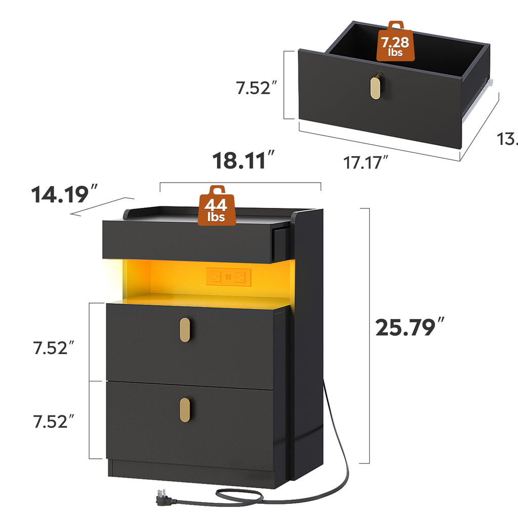 GALAXHERO 2 Drawer Nightstand with Charging Station and LED Lights, Modern Bedside Tables with Sliding Top for Bedroom, Wood End Table for Living Room, Black
