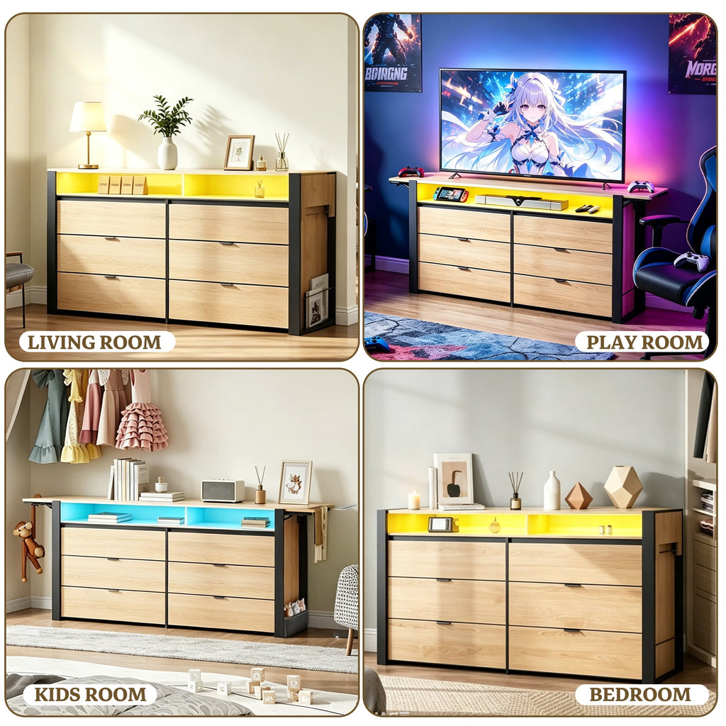 GALAXHERO 6 Drawer Dresser with LED Lights, Modern Dresser with Charging Station, Large Wood Chest of Drawers with Flexible Shelves and Hanging Rack for Bedroom, Closet, Living Room