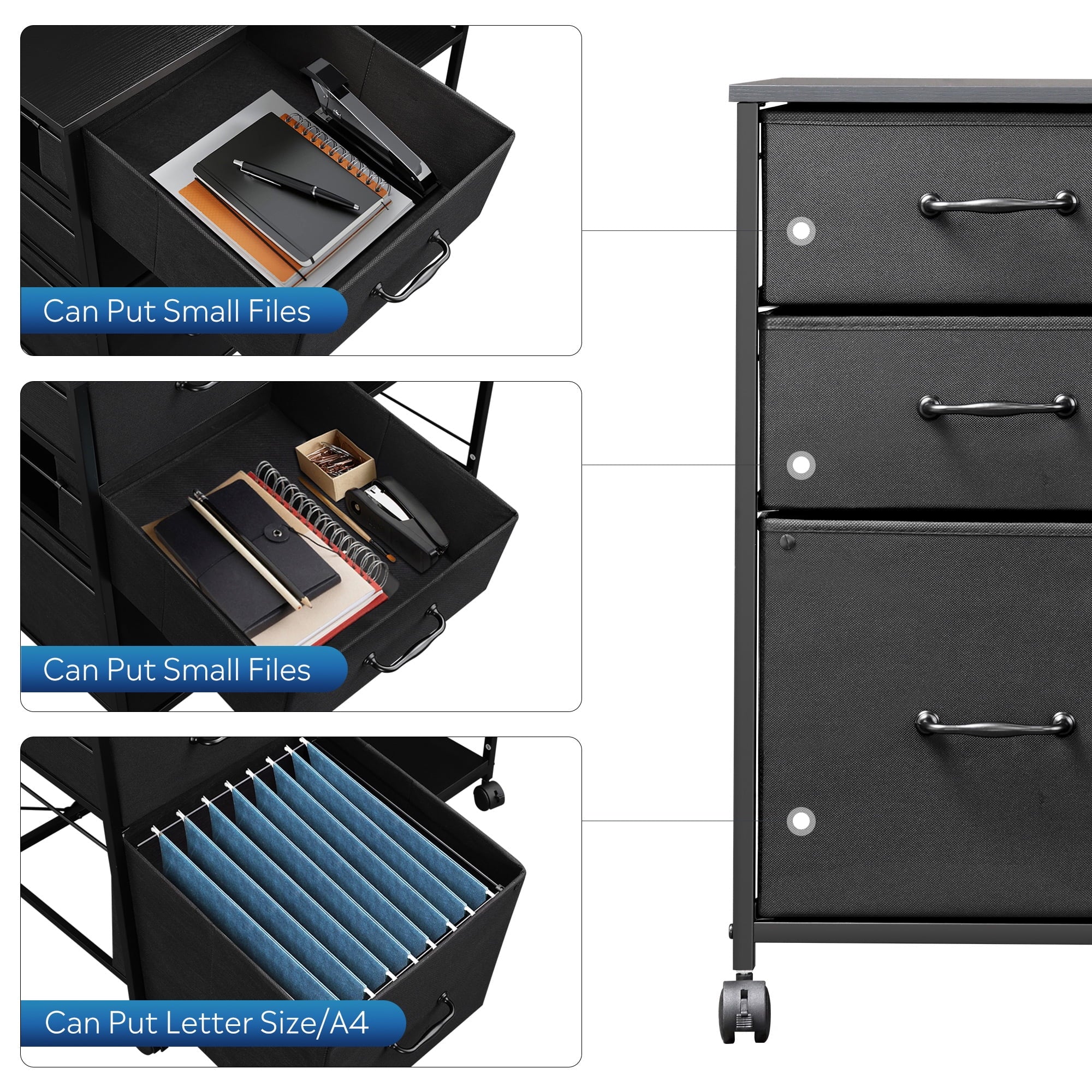 GALAXHERO 3-Drawer Mobile File Cabinet with Storage Shelf, Rolling Fabric Filing Cabinet and Printer Stand, Black