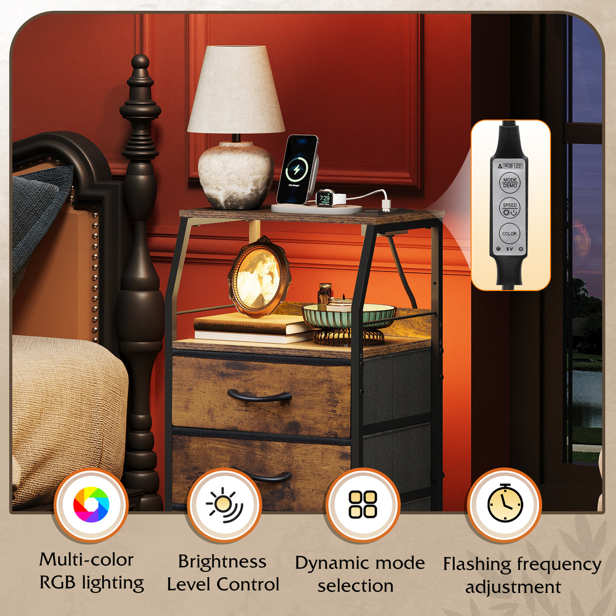 GALAXHERO 4 Drawer Dresser for Bedroom, Nightstand with Charging Station and LED, Tall Bedside Table with Storage Shelfs