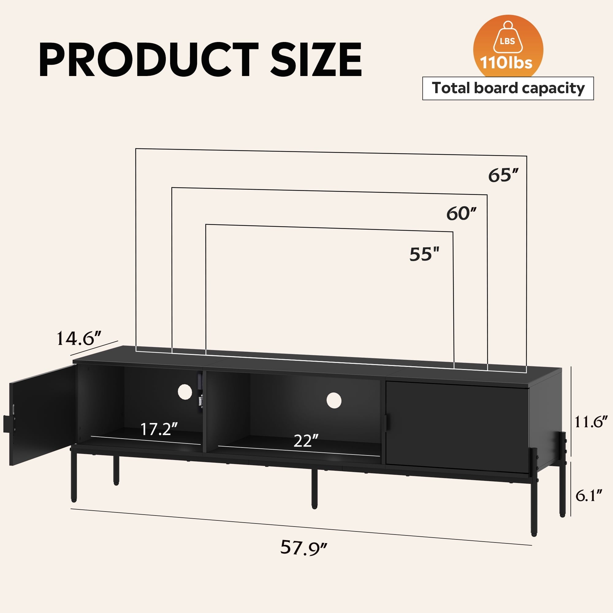GALAXHERO TV Stand Modern Entertainment Center with Storage Cabinets and Metal Legs for Bedroom and Living Room, TV Console, 65 Inch