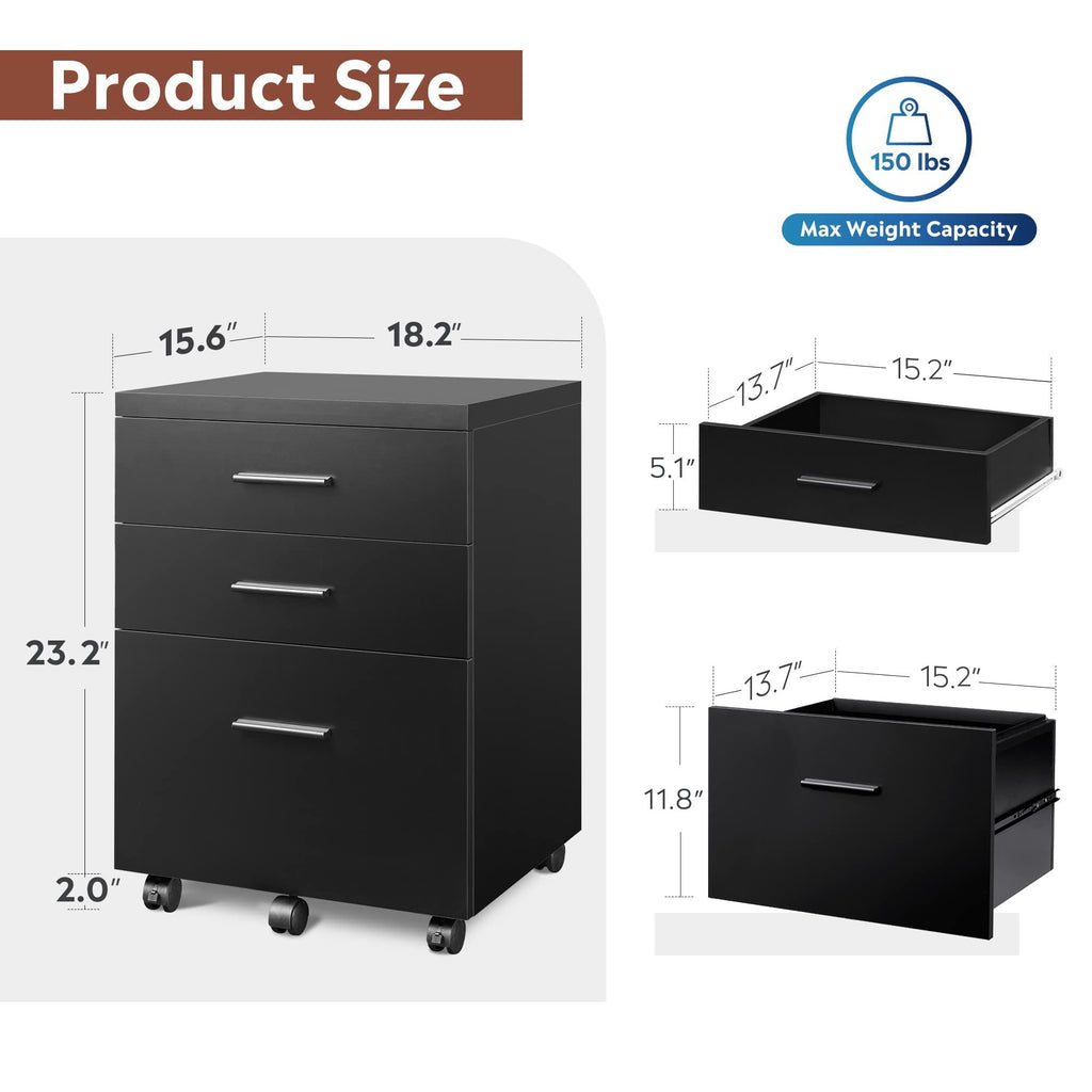 GALAXHERO 3 Drawer Storage Cabinet, Wood Rolling File Cabinet with Whells, Printer Stand Filing Cabinet for Home Office, Fit Letter/A4