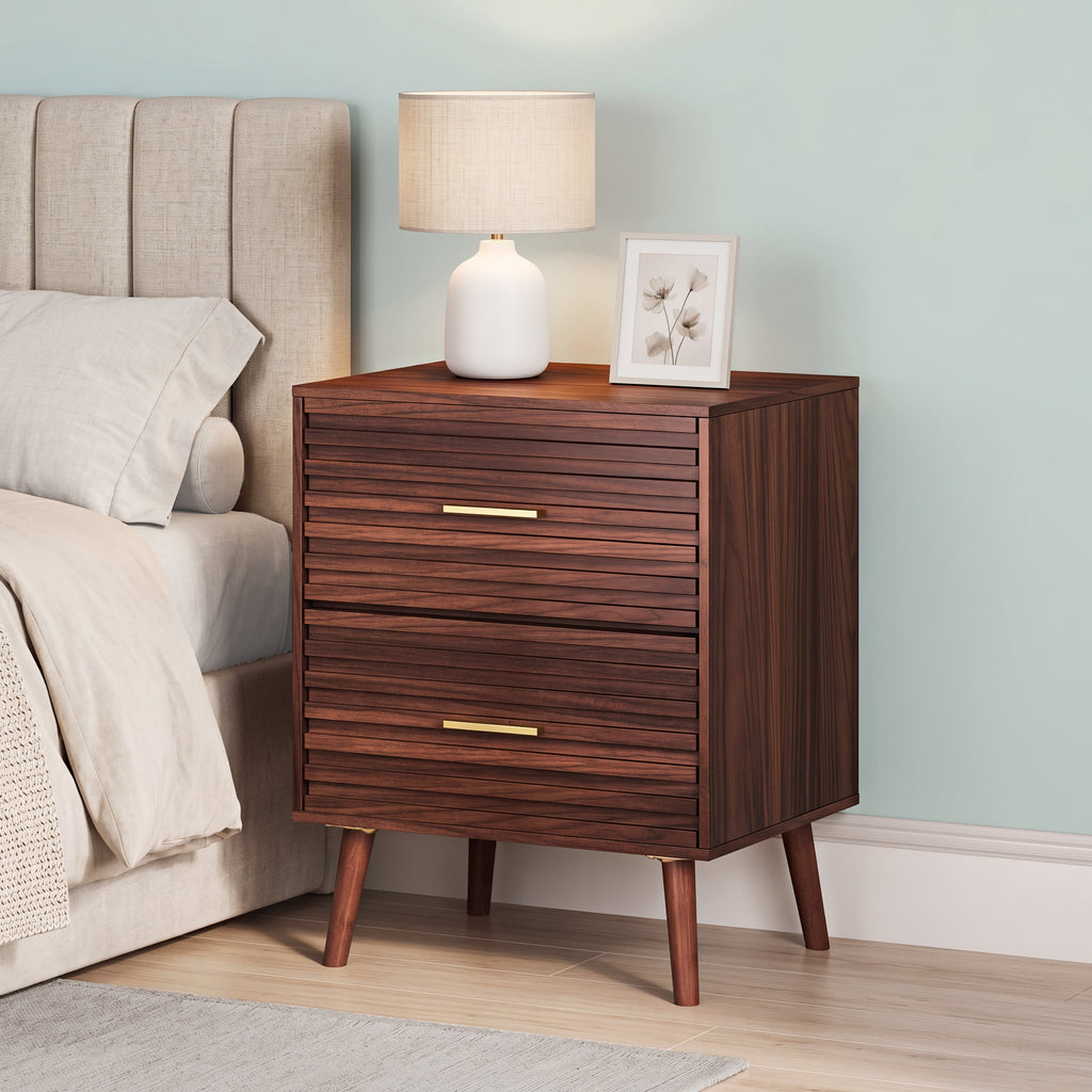 GALAXHERO Mid Century Wood Nightstand Set of 2, Fluted 2 Drawers Bedside Table for Bedroom, End Table for Living Room