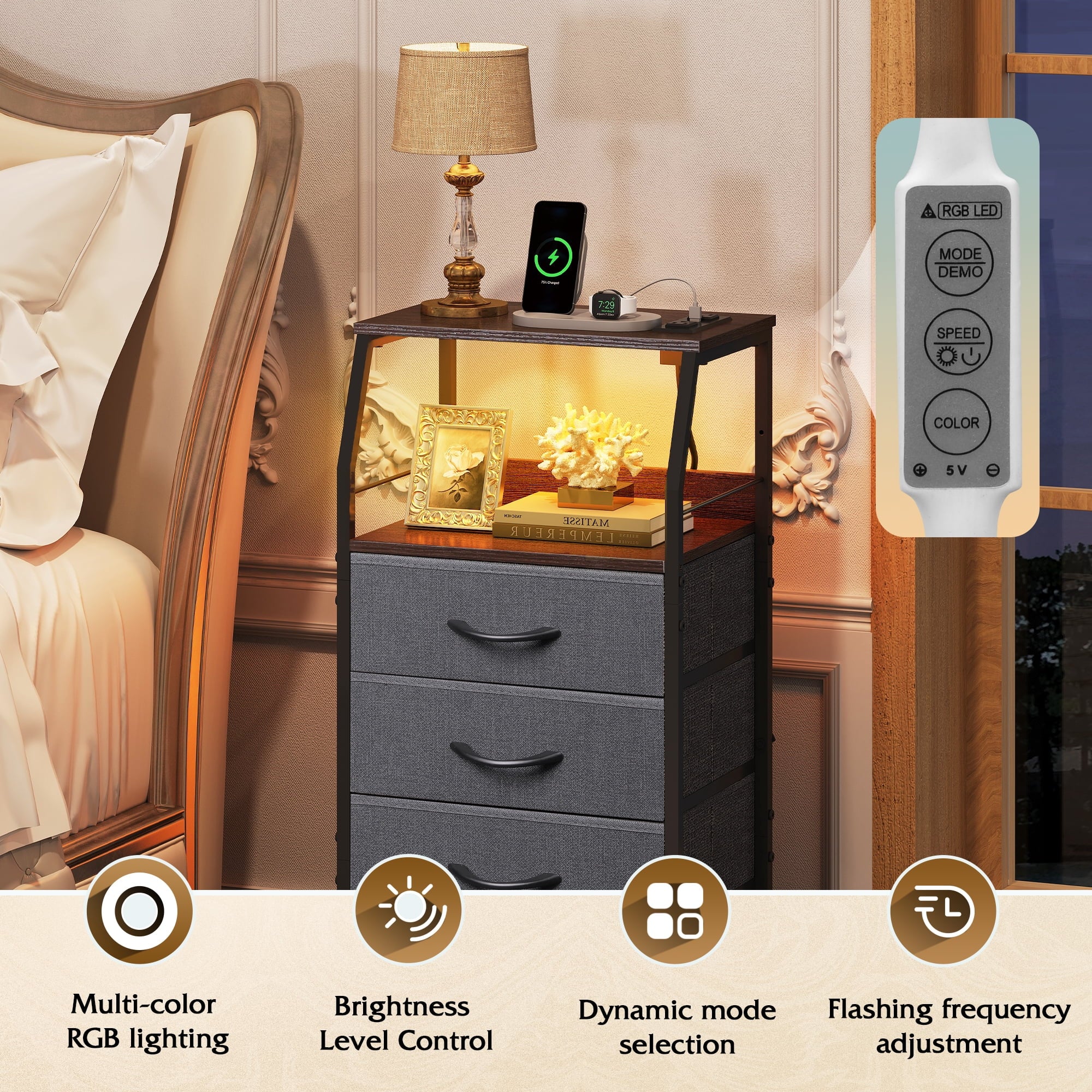 GALAXHERO 4 Drawer Dresser for Bedroom, Nightstand with Charging Station and LED, Tall Bedside Table with Storage Shelfs