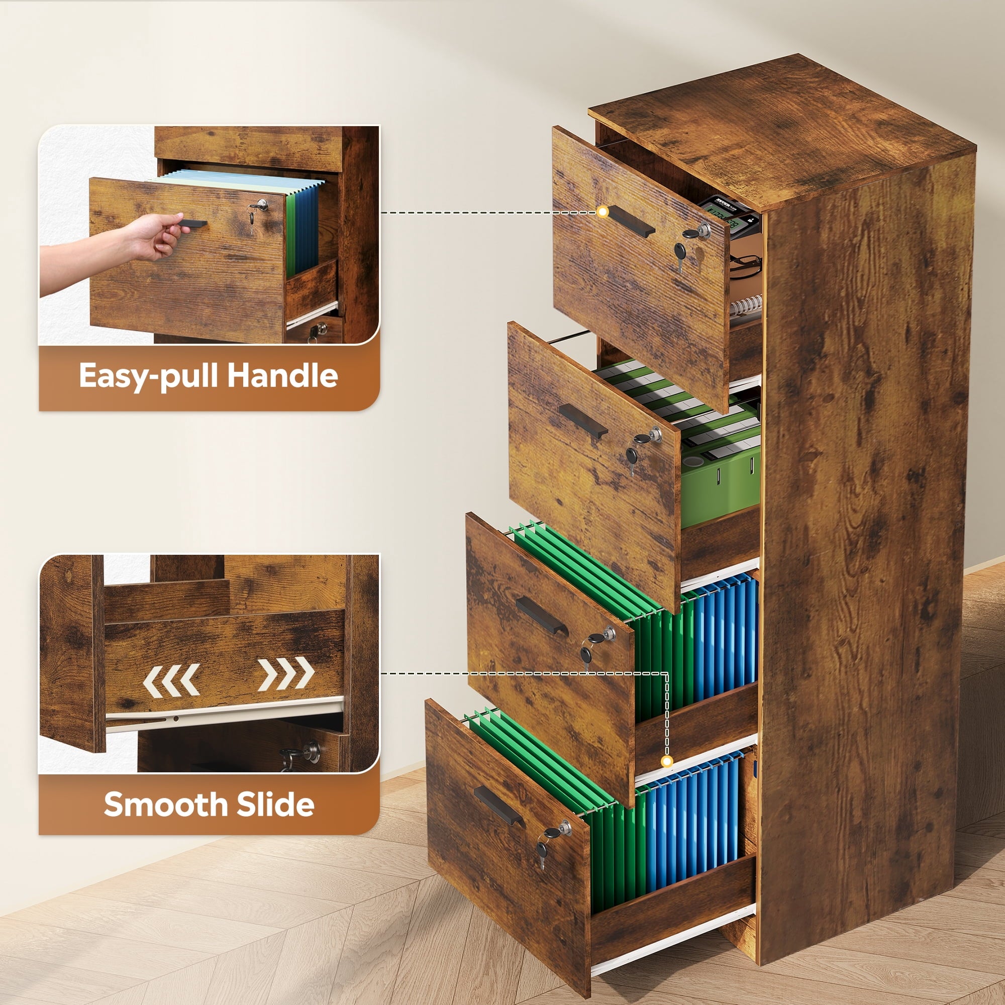 GALAXHERO 4 Drawer File Cabinet, Vertical Filing Cabinet with Lock and Key, Wood Storage Organizer for Home Office, Fit Letter/A4