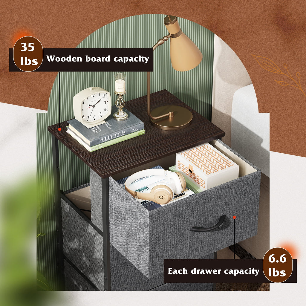 GALAXHERO 3 Drawer Nightstand, Fabric Storage Dresser Sturdy Steel Frame with Wood Top