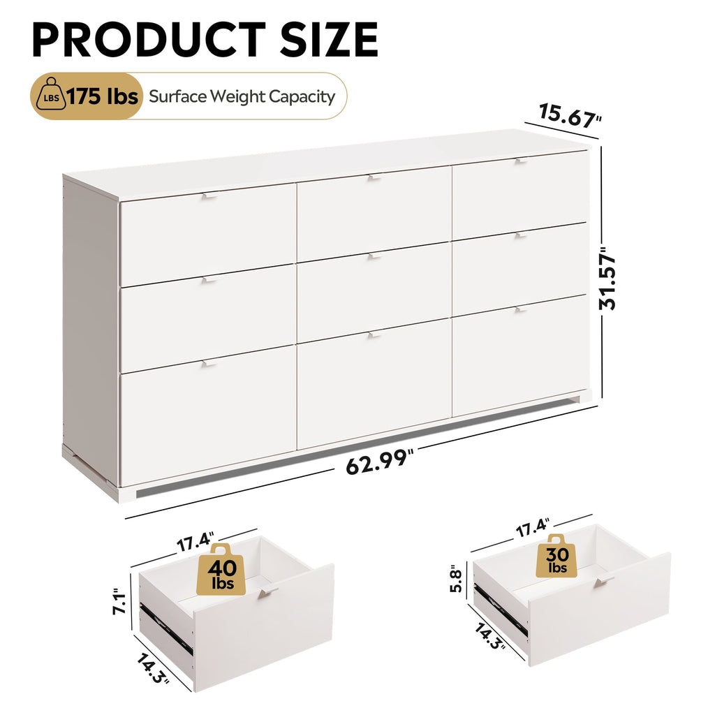 GALAXHERO 9 Drawer Dresser for Bedroom, Wood Dresser with Sturdy Metal Handle, 63" Wide Chest of Drawers, TV Stand for 75" TV for Living Room, Hallway