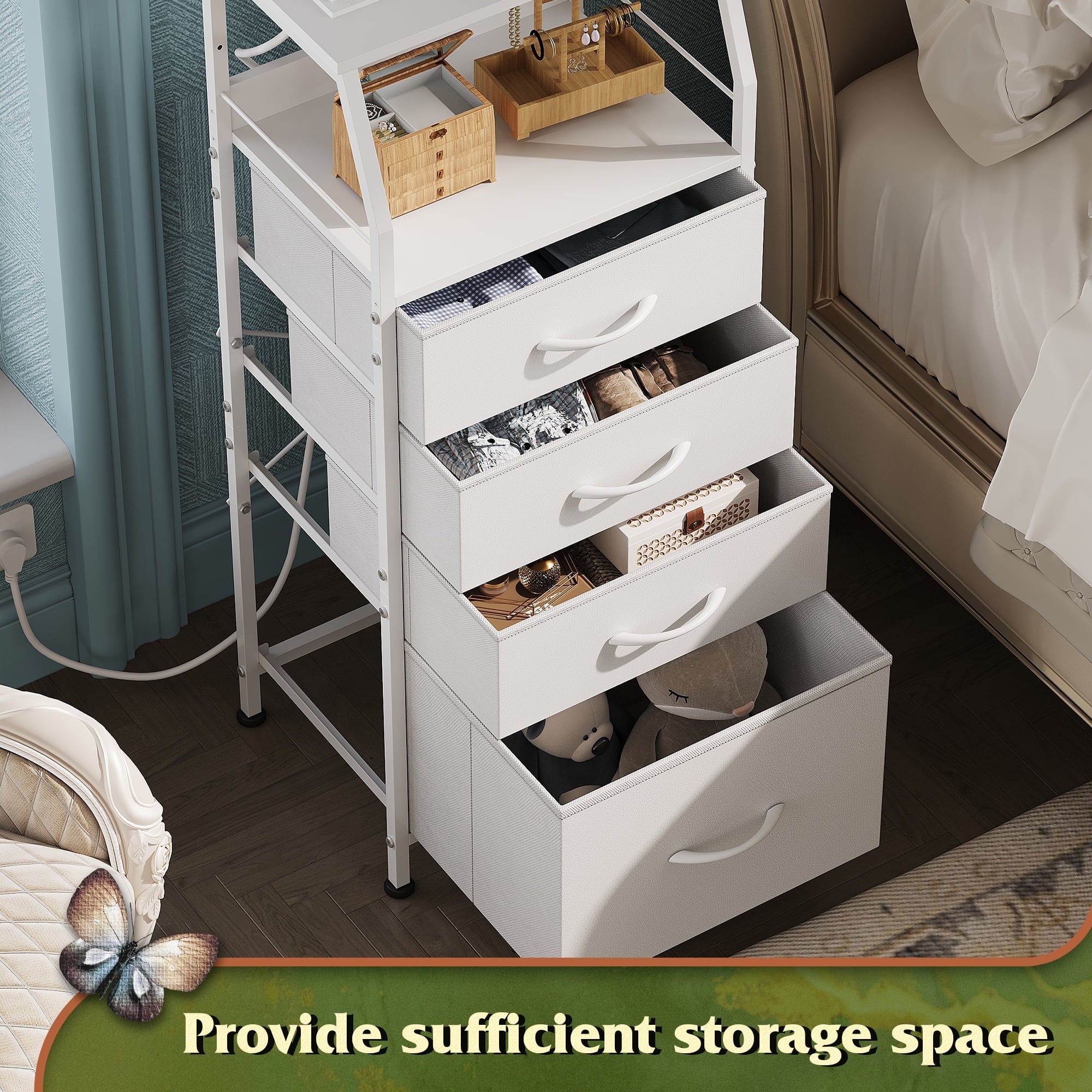 GALAXHERO Nightstand with Charging Station and LED, White Tall Night Stand, 4 Drawers Bedside Table with Storage Shelfs for Bedroom, Living Room