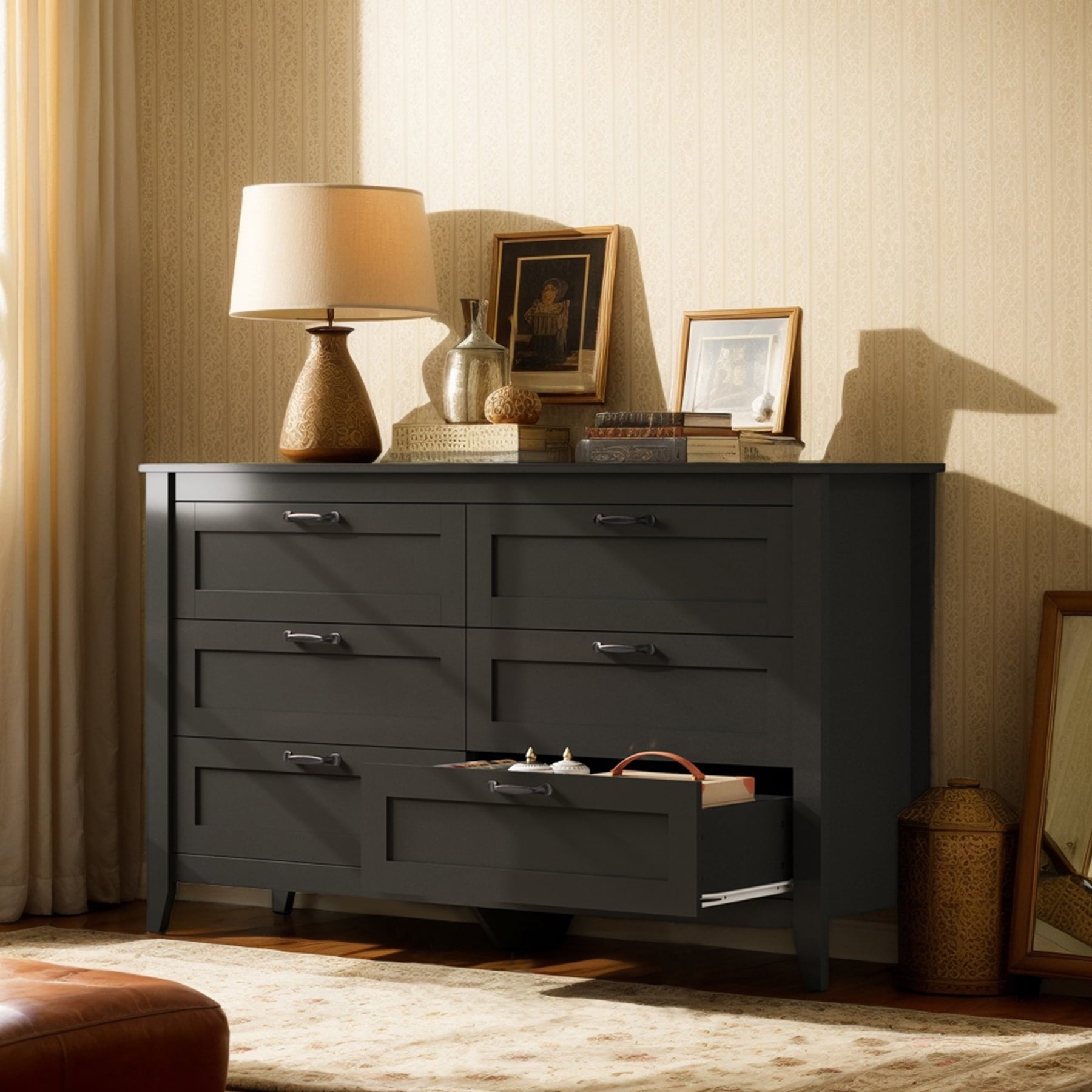 GALAXHERO 6-Drawer Double Wood Dresser - Farmhouse Chest of Drawers with Metal Handles for Bedroom, Living Room, Entryway
