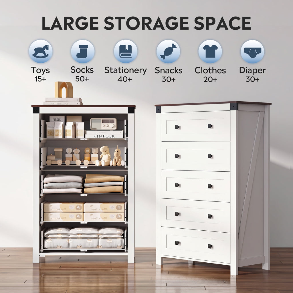 GALAXHERO Farmhouse 5 Drawer Dresser,Tall Dresser with Double Rustic Handles, Wood Chest of Drawers for Bedroom, Living Room, Hallway