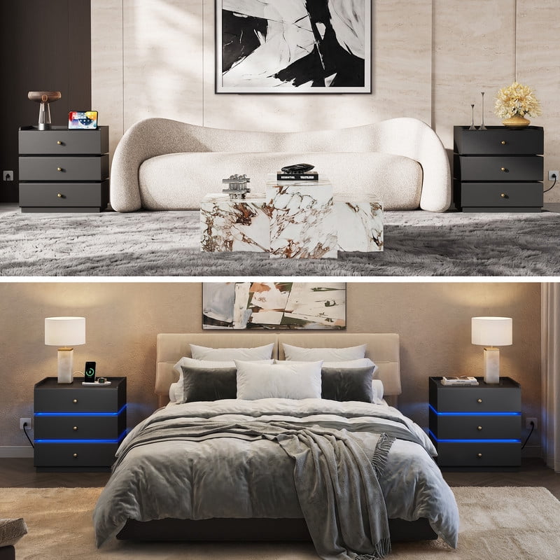 GALAXHERO Nightstand with Charging Station, Smart LED 3-Drawer Tall Bedside Table with Sensor, End Table with Wireless Charging for Bedroom Living Room Dorm