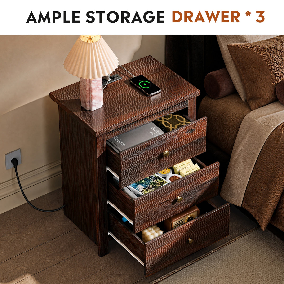 GALAXHERO Nightstand with Charging Station, 3-Drawer Tall Wood Bedside Table & End Table for Bedroom Living Room Dorm
