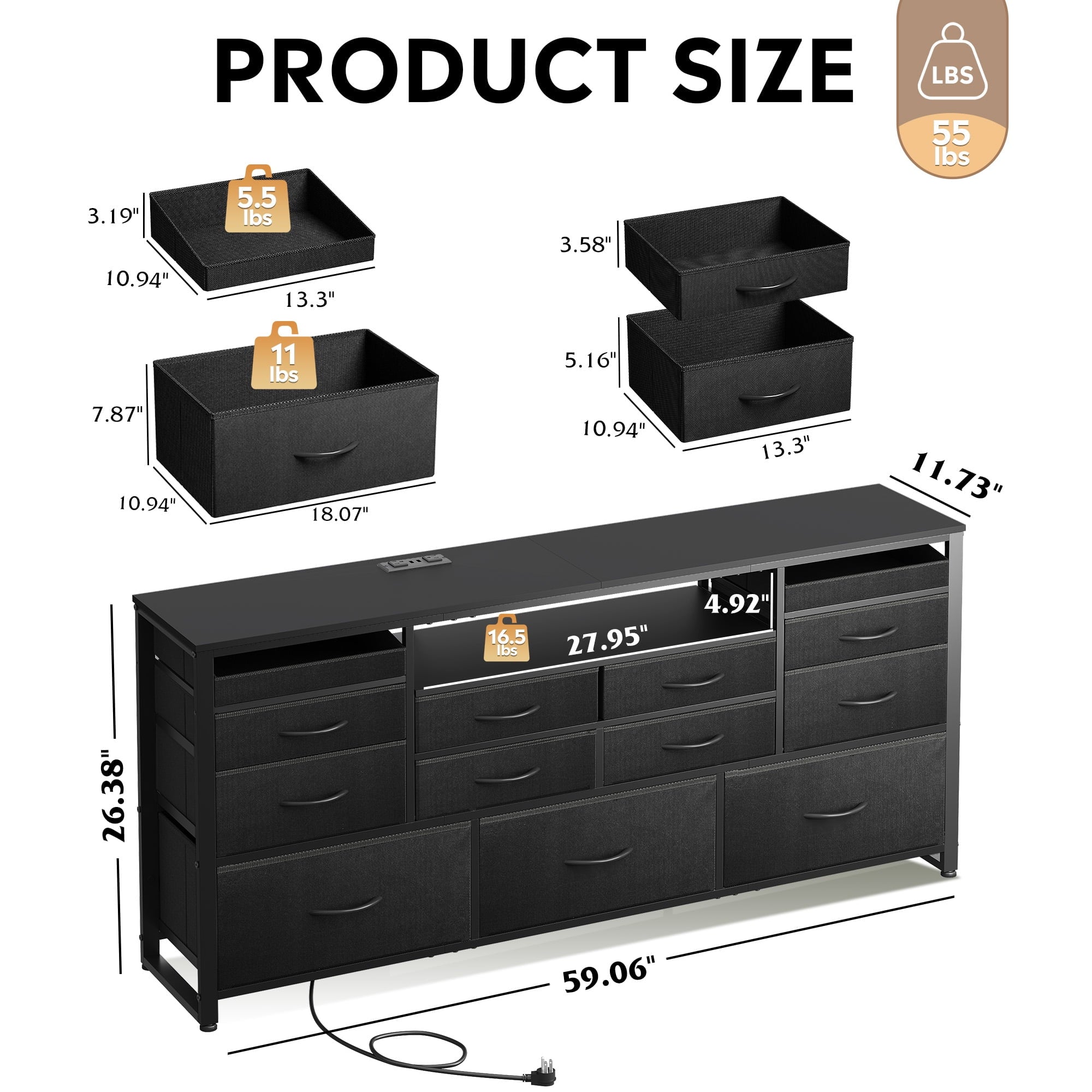 GALAXHERO 13 Drawers Dresser for Bedroom, TV Stand for 65'' TV with LED Lights, Entertainment Center with Charging Station, Fabric Chest of Drawers for Living Room, Entryway