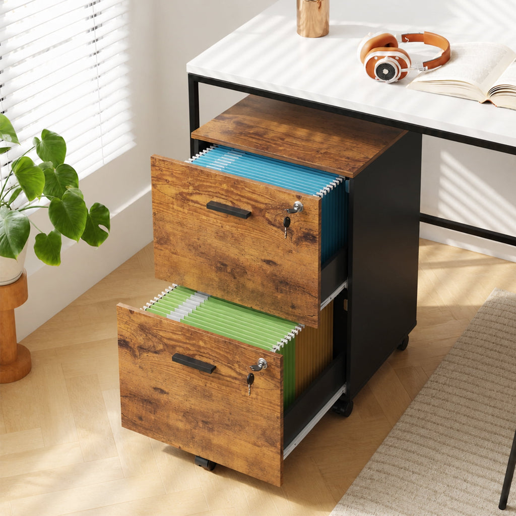 GALAXHERO 2 Drawer Filing Cabinet with Lock, Wooden Printer Stand with Storage for Home Office, Mobile Locking File Cabinet Fits Letter/A4 Hanging Files