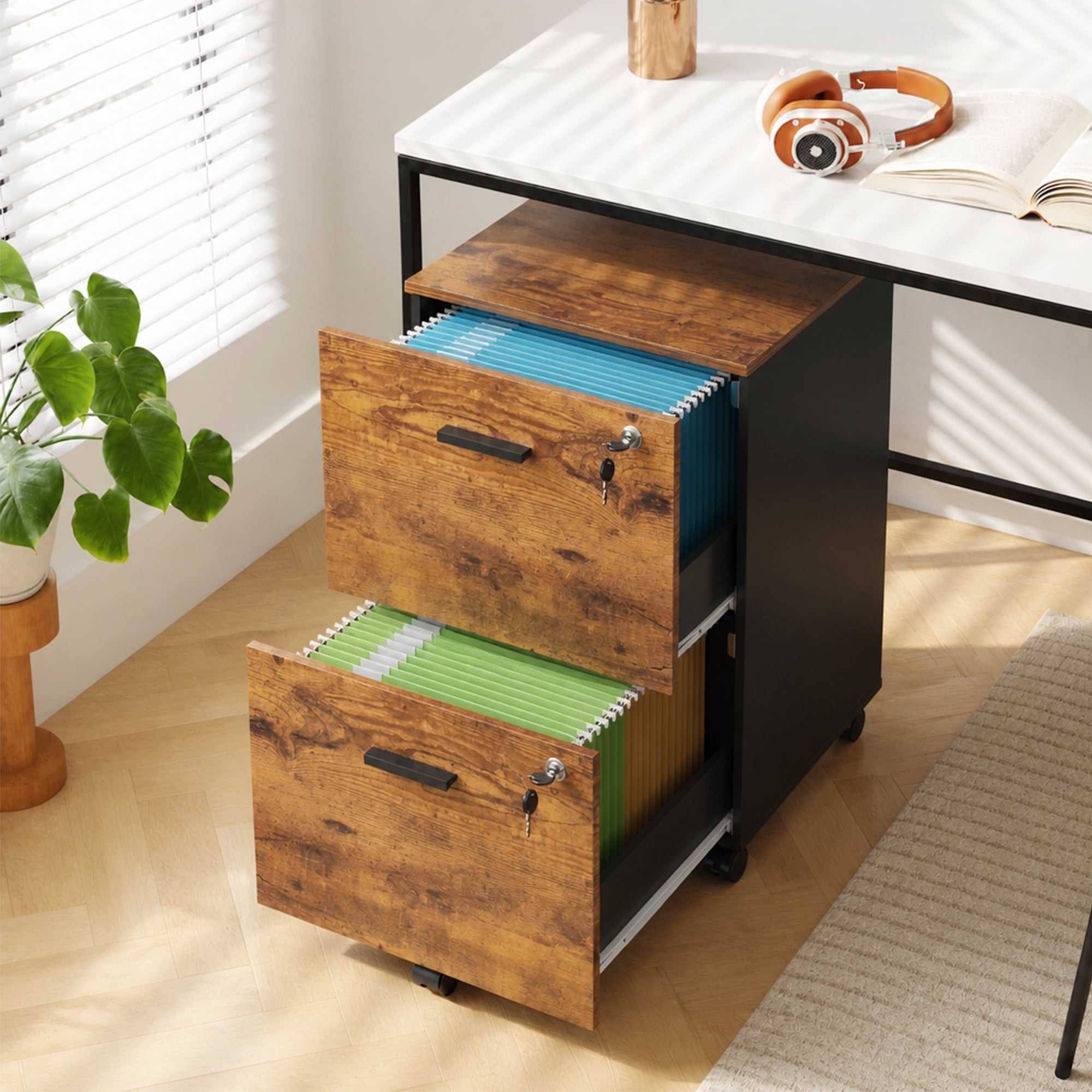 GALAXHERO 2 Drawer Filing Cabinet with Lock, Wooden Printer Stand with Storage for Home Office, Mobile Locking File Cabinet Fits Letter/A4 Hanging Files