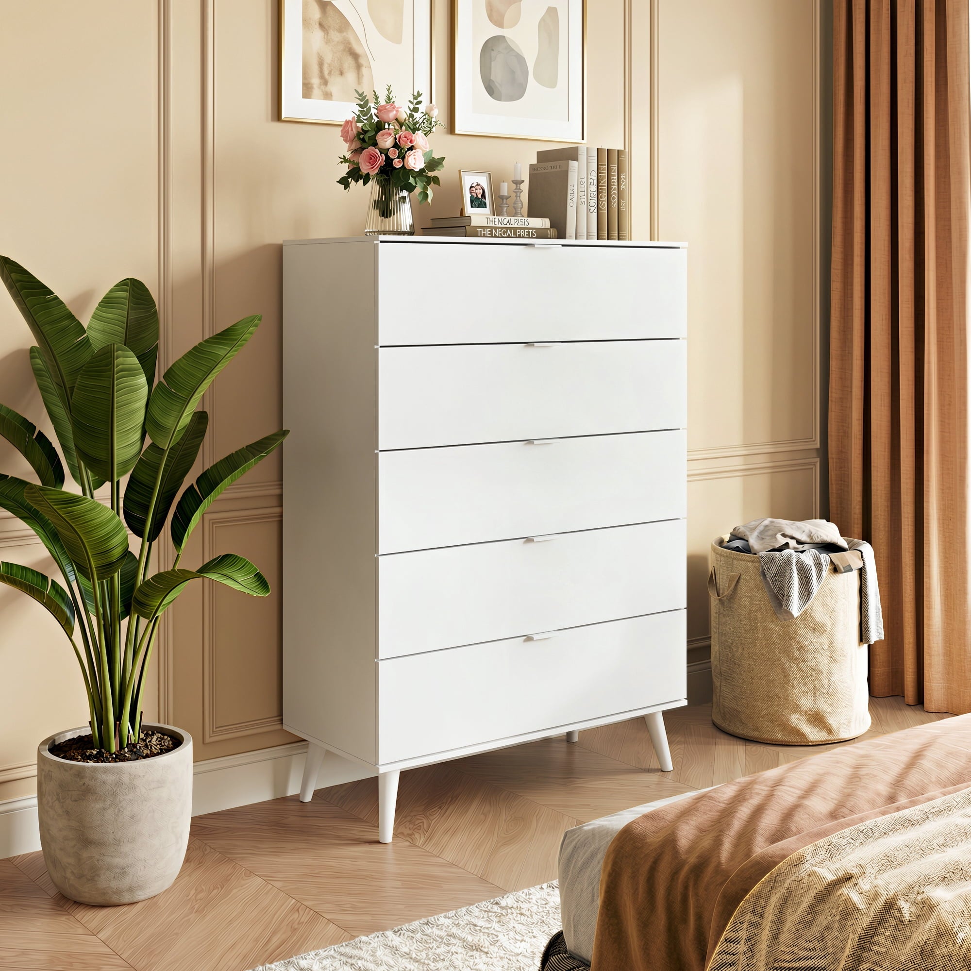 GALAXHERO 5 Drawer Dresser for Bedroom, Tall Dresser, Wooden Storage Organizer with Sturdy Metal Handle, Chest of Drawers for Living Room, Hallway, Closet