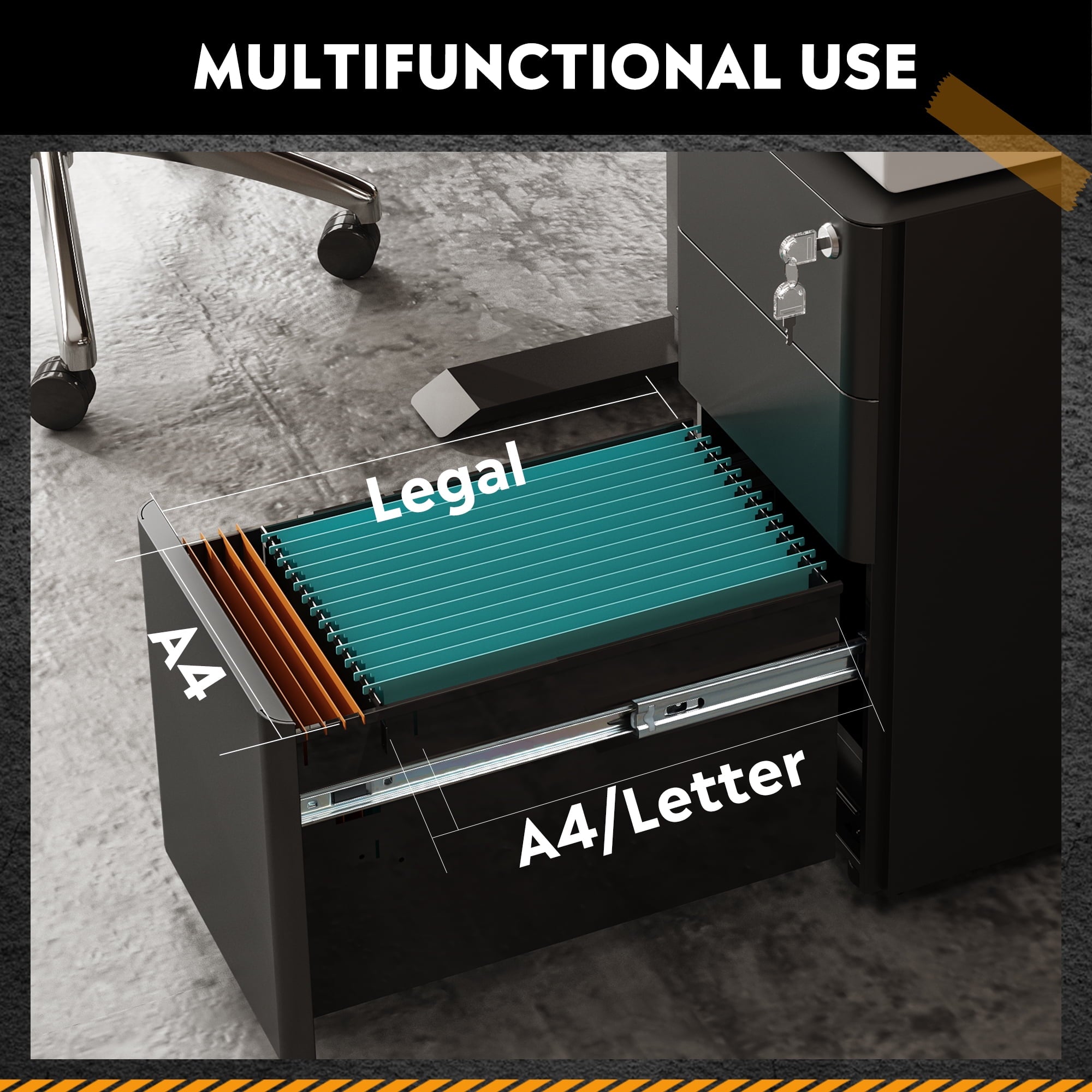 GALAXHERO 3 Drawer Metal File Cabinet with Lock, Vertical Rolling Filing Cabinet for Home Office, Fits A4/Letter/Legal