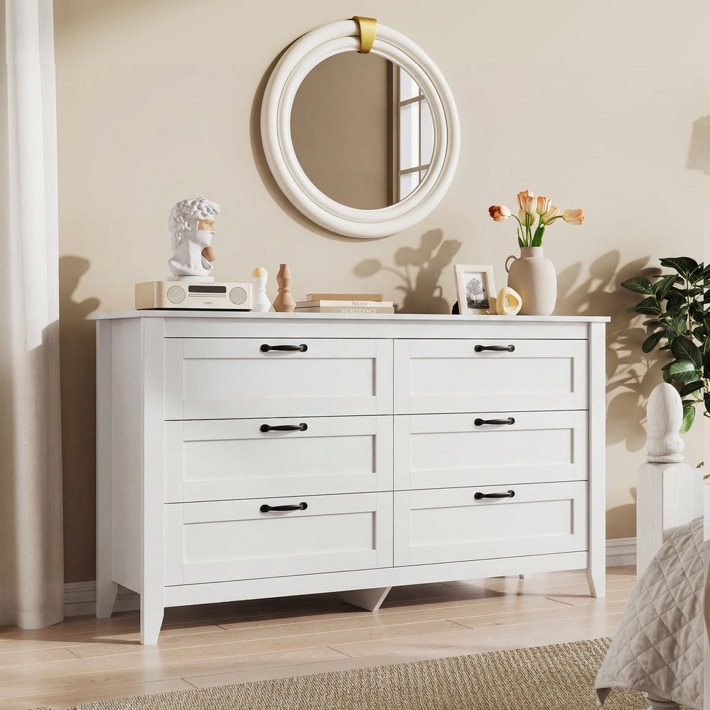 GALAXHERO 6-Drawer Double Wood Dresser - Farmhouse Chest of Drawers with Metal Handles for Bedroom, Living Room, Entryway