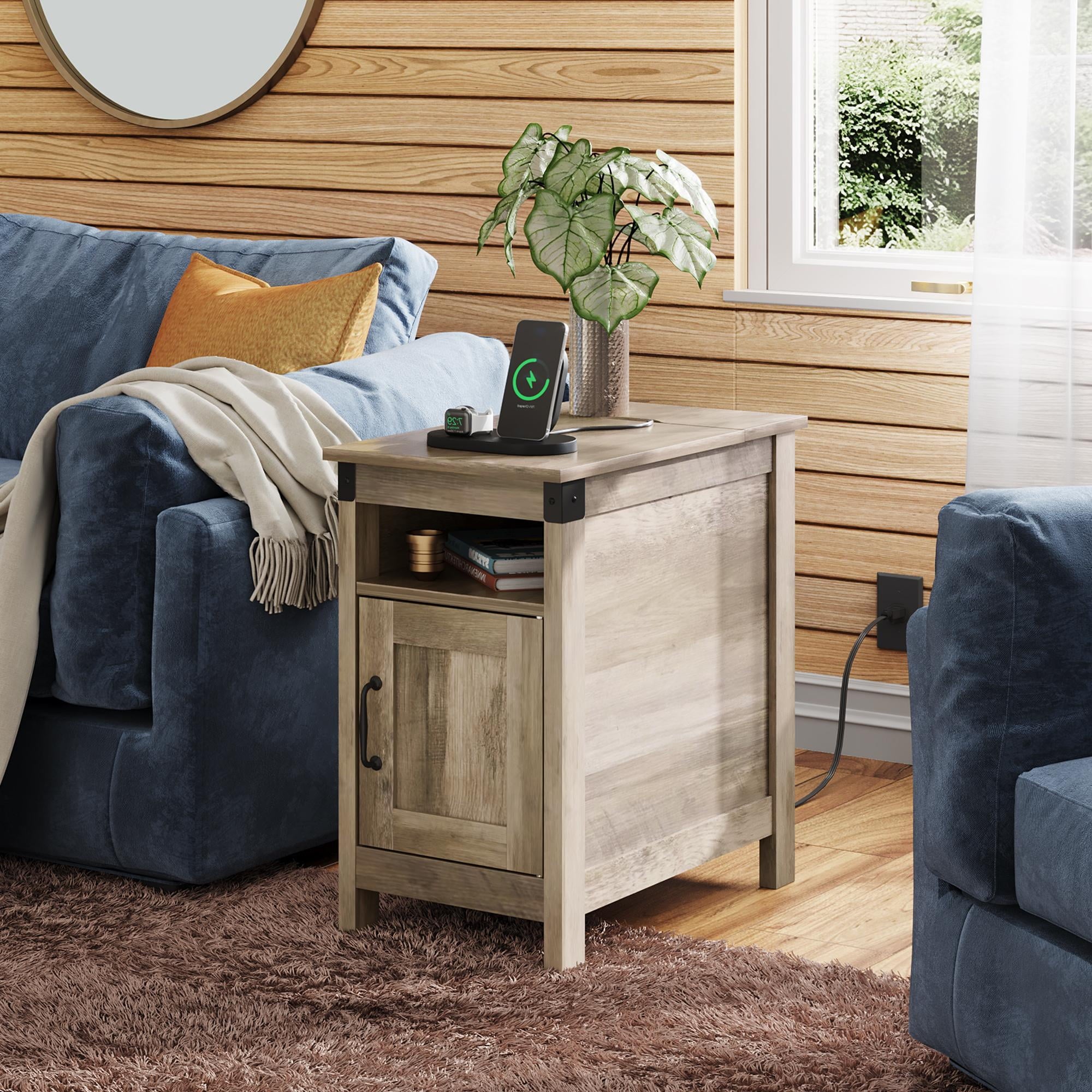 GALAXHERO Side Table with Charging Station Narrow End Table with Storage Night Stand with USB Ports and Outlets Small Wooden Cabinet for Living Room and Bedroom