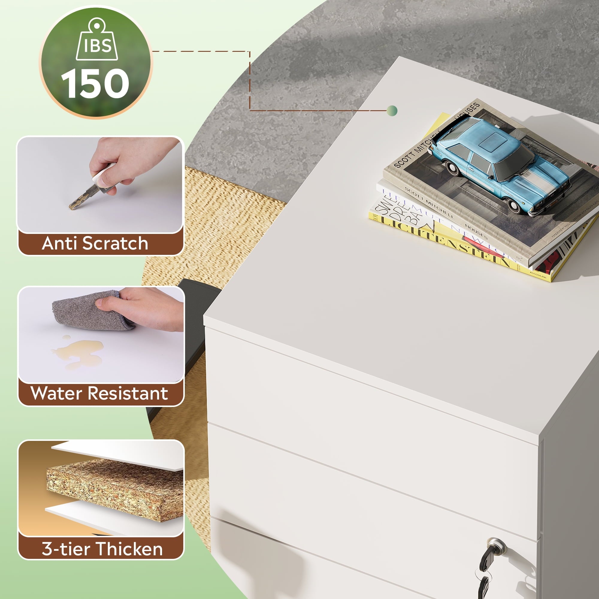 GALAXHERO File Cabinet 3-Drawer Rolling Wood Cabinet for Home Office with Lock, Fits Letter/A4/Legal Size, Retractable Hook, White