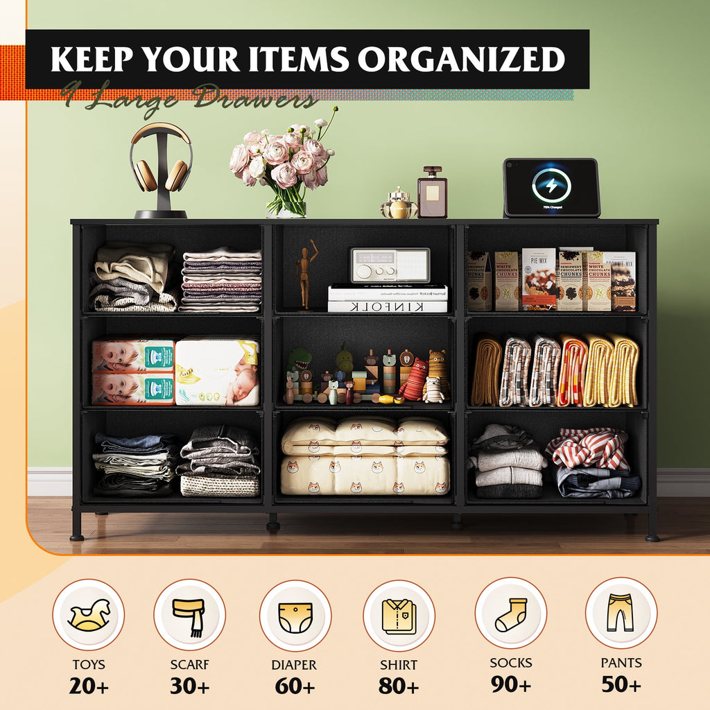 GALAXHERO Fabric Dresser for Bedroom, 9 Drawers Dresser with Wood Top, TV Stand for 55'' TV,  Chest of Drawers for Closet, Living Room,  47''W