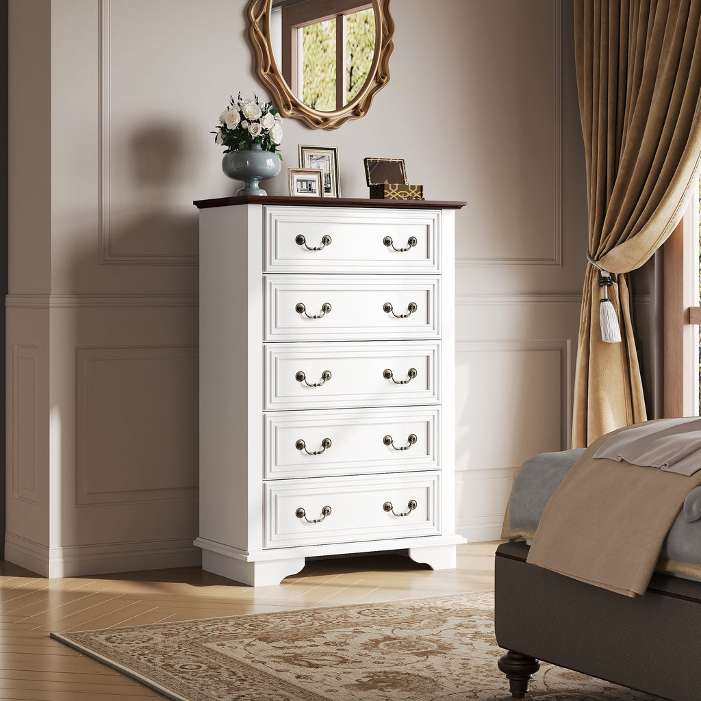 GALAXHERO Farmhouse 5 Drawers Dresser for Bedroom, Tall Wood Dresser with Roman Metal Handle, Chest of Drawers for Living Room, Hallway, Closet