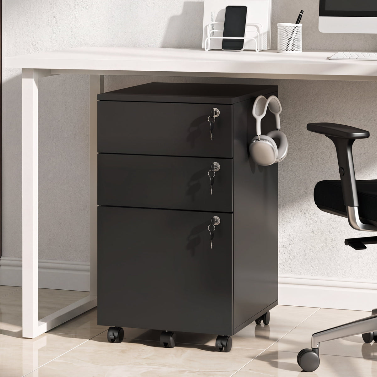 GALAXHERO 3 Drawers Storage Cabinet with Lock, Rolling Wood File Cabinet, Vertical Filing Cabinet for Home Office, Fits Letter/A4